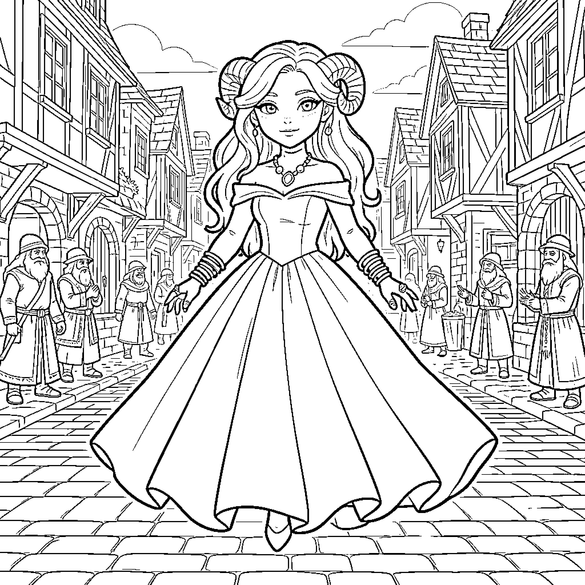Indigo princess walking gracefully through a medieval village street Coloring Page (free black-and-white line drawing printable PDF for all, from beginners to advanced learners, including children, teens, adults, and seniors)