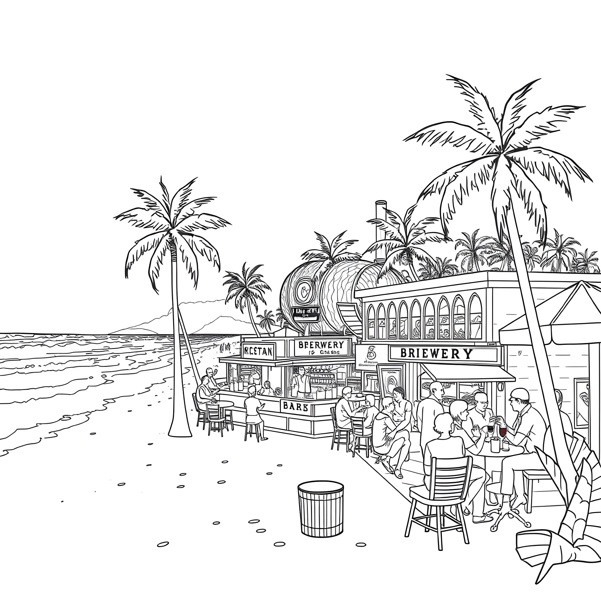 Brewery by the Beach with Lively Patrons Coloring Page (free black-and-white line drawing printable PDF for all, from beginners to advanced learners, including children, teens, adults, and seniors)