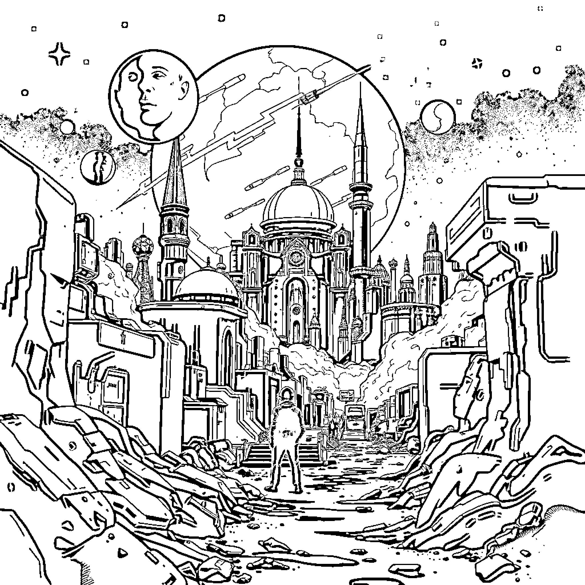 Art depicting a fantastical cityscape with surreal elements Coloring Page (free black-and-white line drawing printable PDF for all, from beginners to advanced learners, including children, teens, adults, and seniors)