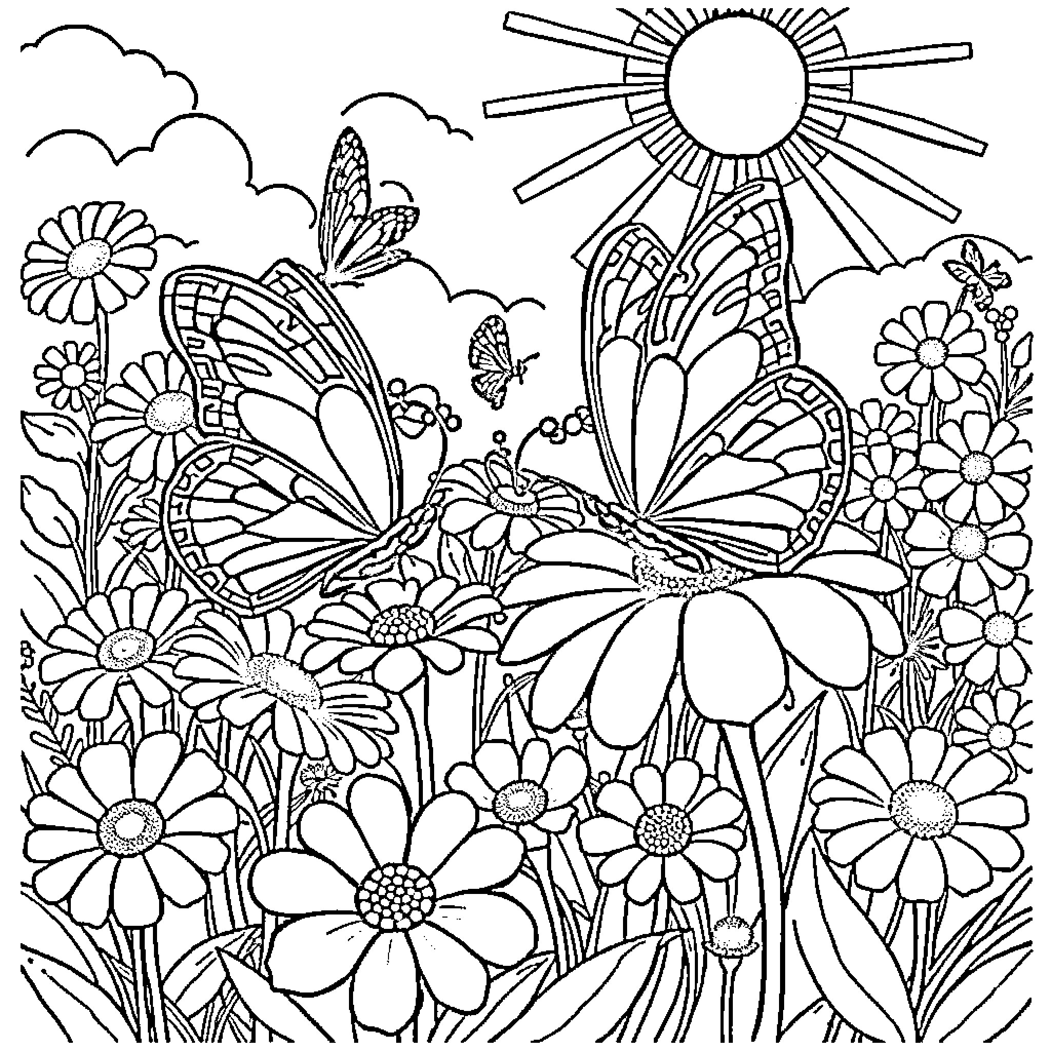 Butterfly garden with vibrant flowers and sun Coloring Page (free black-and-white line drawing printable PDF for all, from beginners to advanced learners, including children, teens, adults, and seniors)