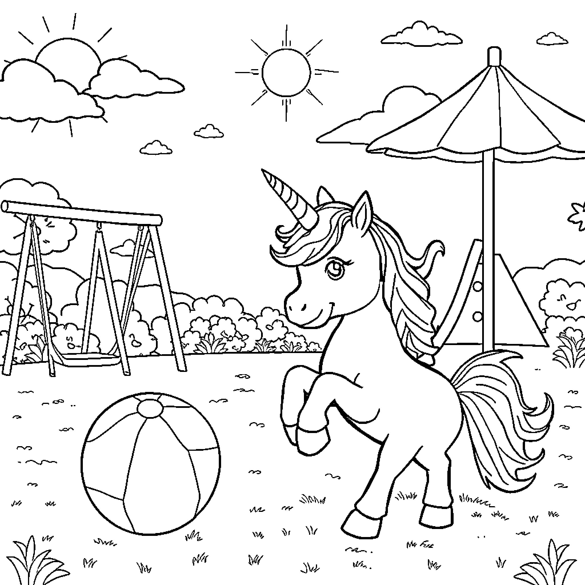 Unicorn at the Playground Coloring Page (free black-and-white line drawing printable PDF for all, from beginners to advanced learners, including children, teens, adults, and seniors)