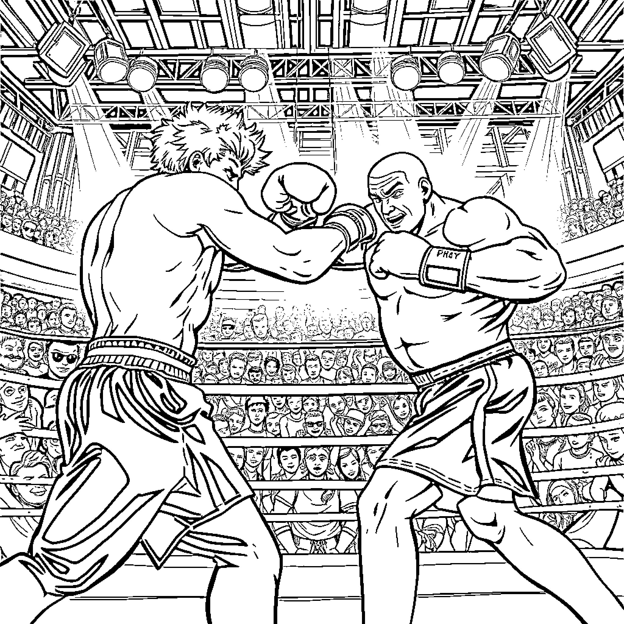 Kickboxer fighters battling intensely in the ring Coloring Page (free black-and-white line drawing printable PDF for all, from beginners to advanced learners, including children, teens, adults, and seniors)