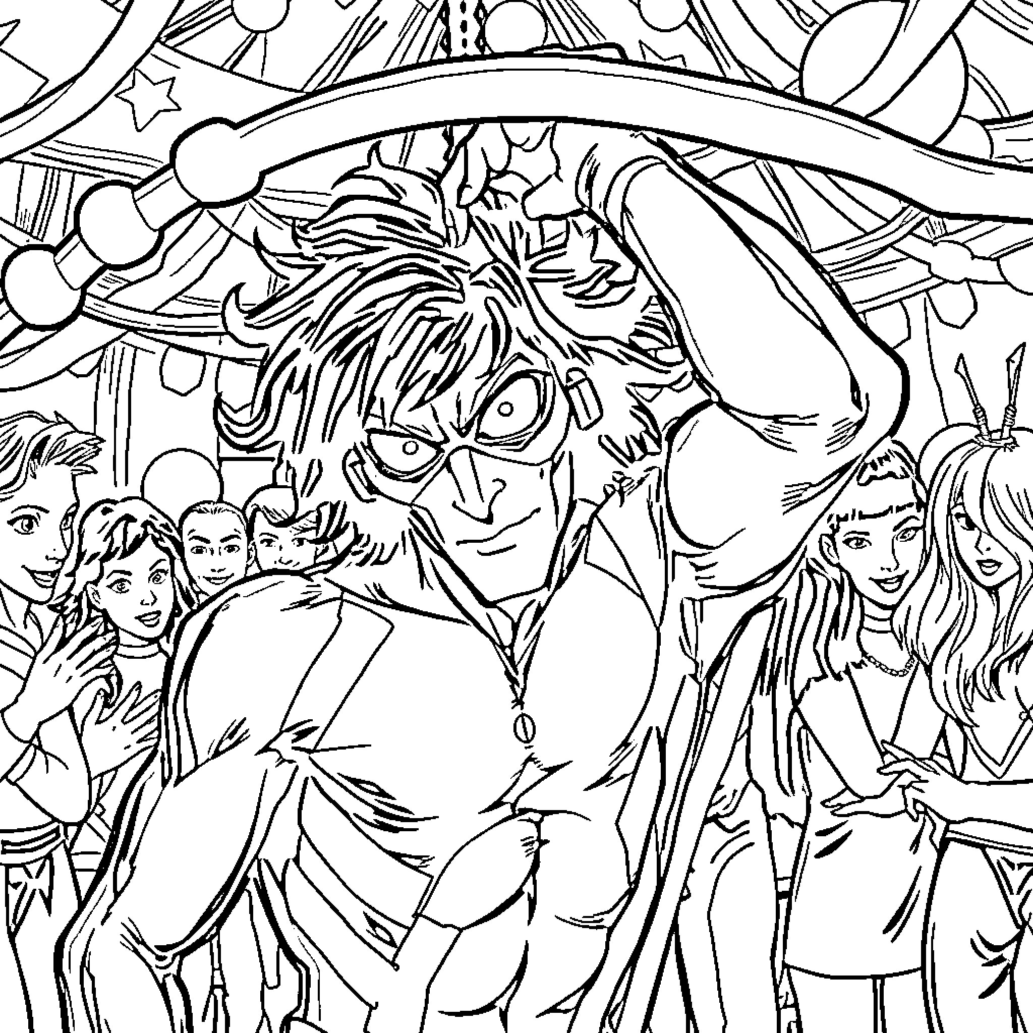 Nightcrawler amidst a crowd of mysterious figures Coloring Page (free black-and-white line drawing printable PDF for all, from beginners to advanced learners, including children, teens, adults, and seniors)