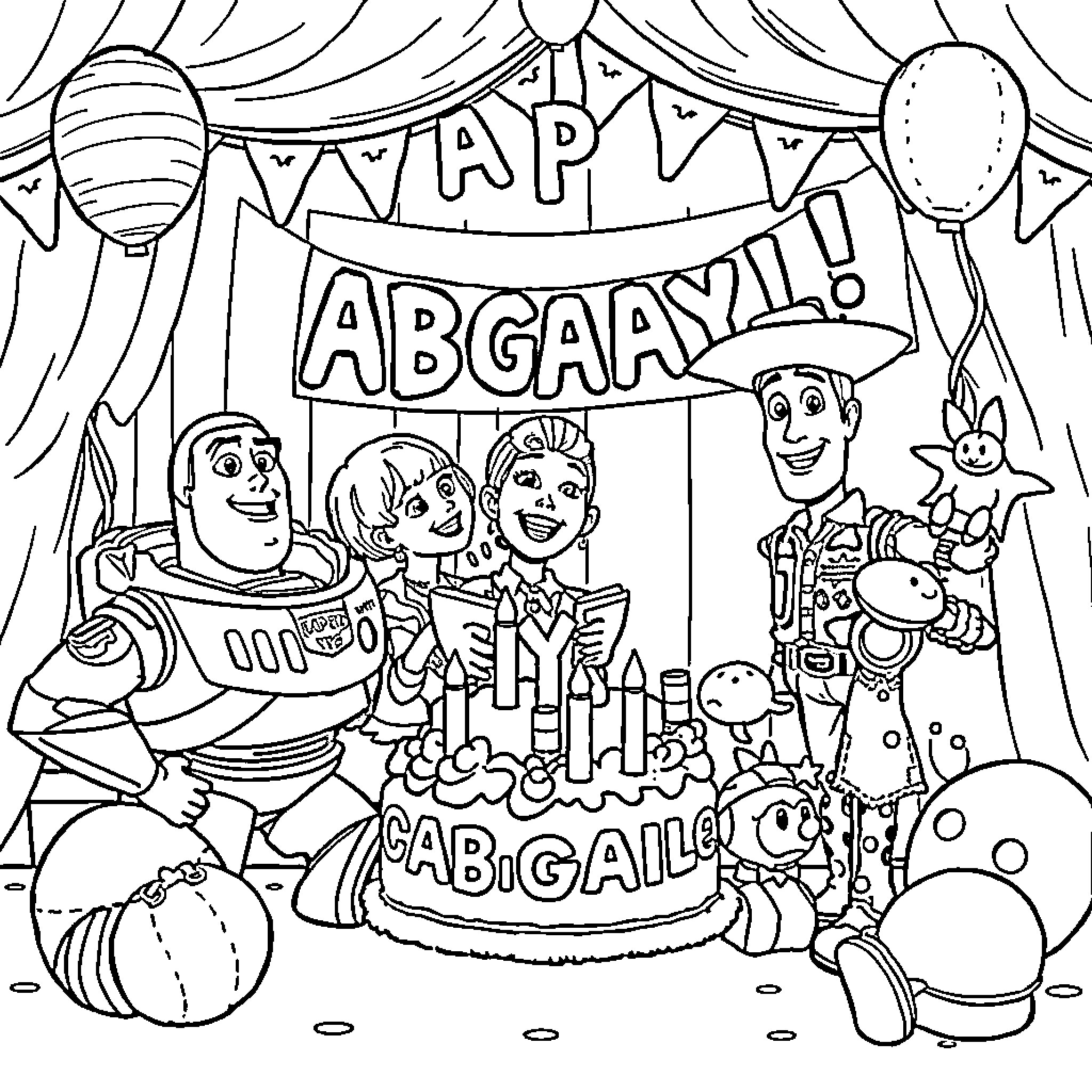 Toy Story friends celebrating Abigail's birthday party Coloring Page (free black-and-white line drawing printable PDF for all, from beginners to advanced learners, including children, teens, adults, and seniors)