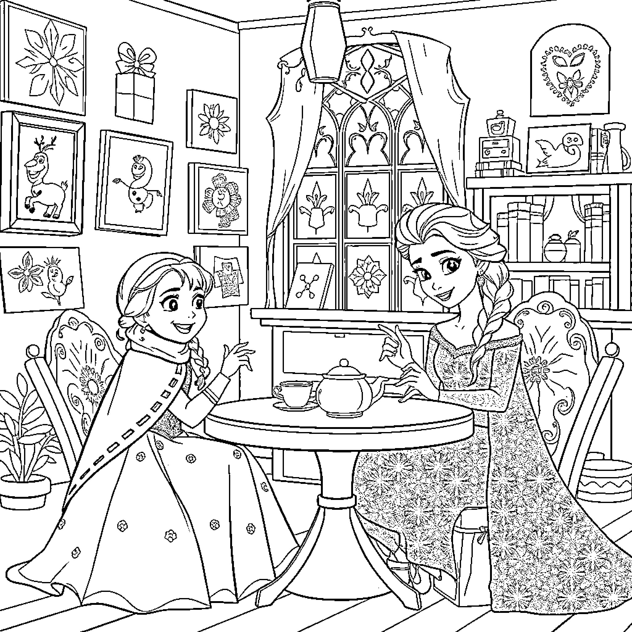 Frozen Princesses Sharing Tea in Cozy Living Room Coloring Page (free black-and-white line drawing printable PDF for all, from beginners to advanced learners, including children, teens, adults, and seniors)