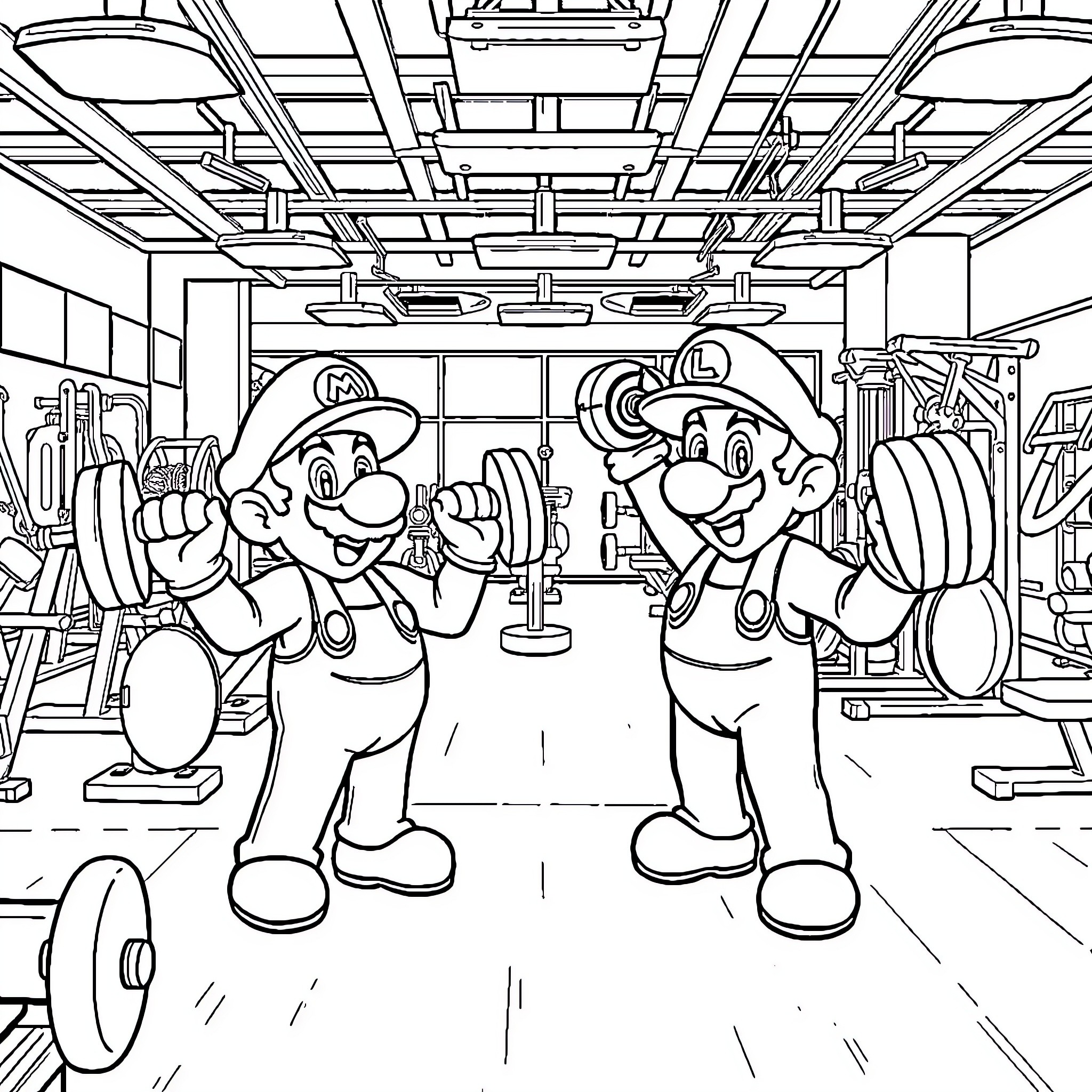 Mario and Luigi Enjoying the Gym Workout Coloring Page (free black-and-white line drawing printable PDF for all, from beginners to advanced learners, including children, teens, adults, and seniors)