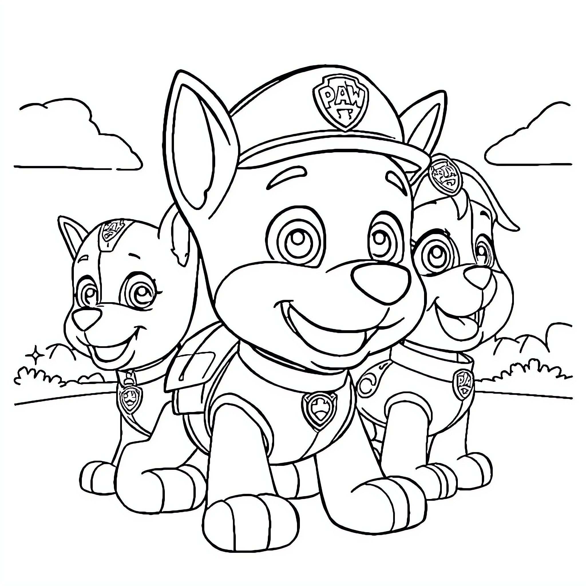 Paw Patrol puppies on a mission Coloring Page (free black-and-white line drawing printable PDF for all, from beginners to advanced learners, including children, teens, adults, and seniors)