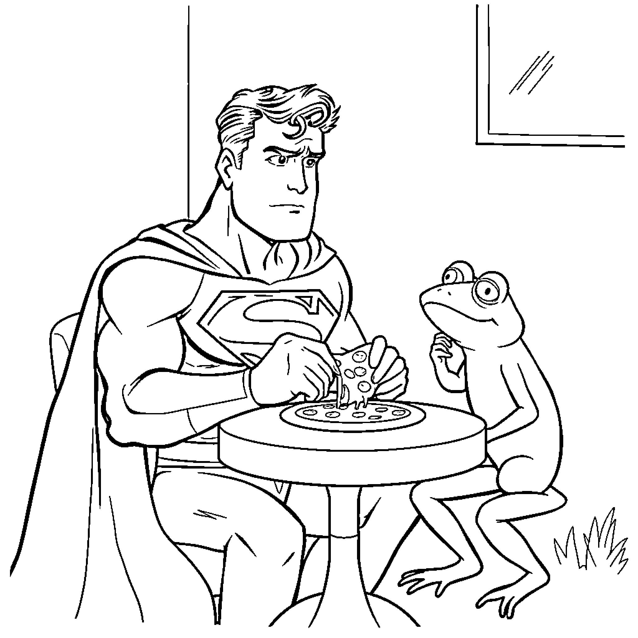 Superman Sharing Meal with Frog Friend Coloring Page (free black-and-white line drawing printable PDF for all, from beginners to advanced learners, including children, teens, adults, and seniors)
