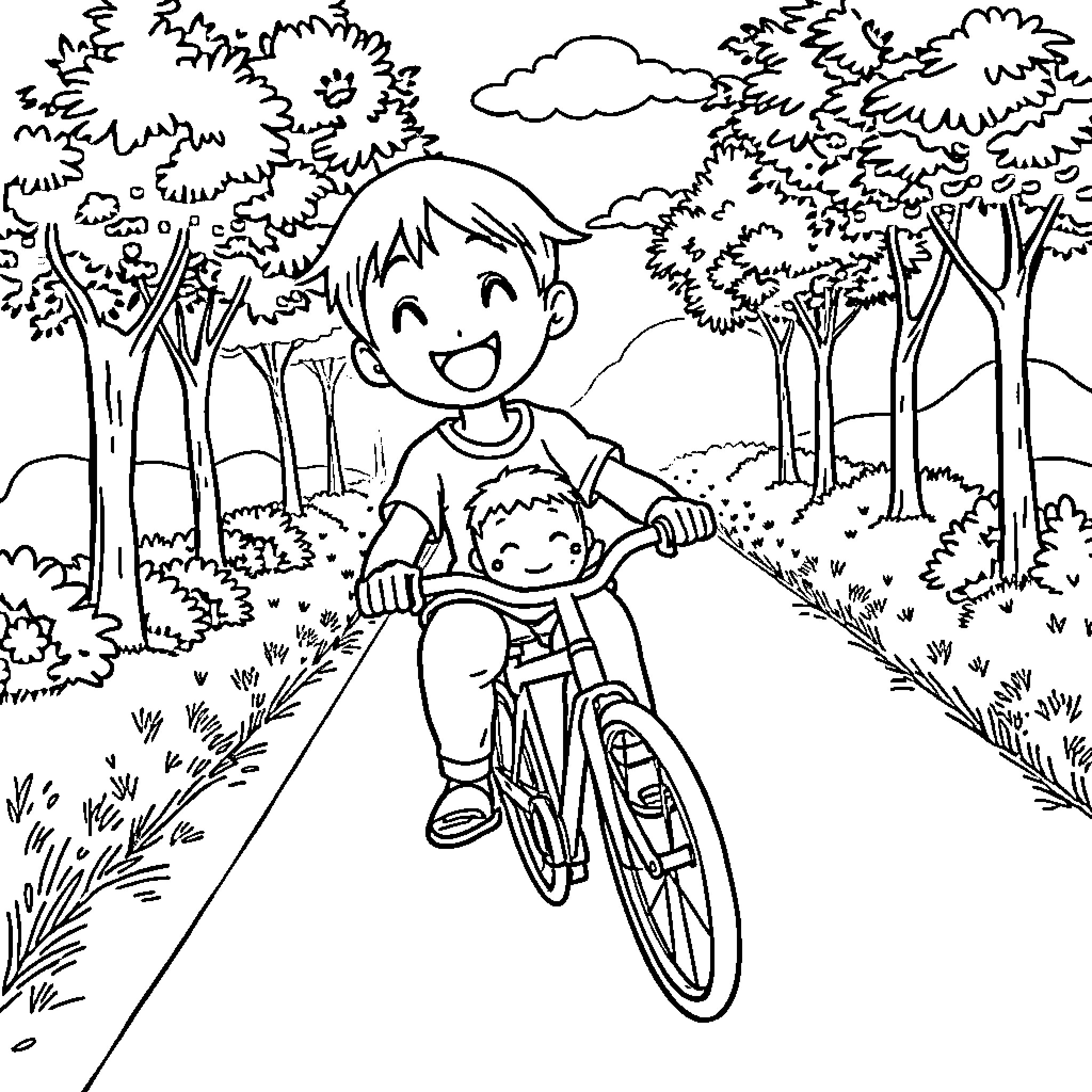 Nezuko enjoying a bike ride in the park Coloring Page (free black-and-white line drawing printable PDF for all, from beginners to advanced learners, including children, teens, adults, and seniors)