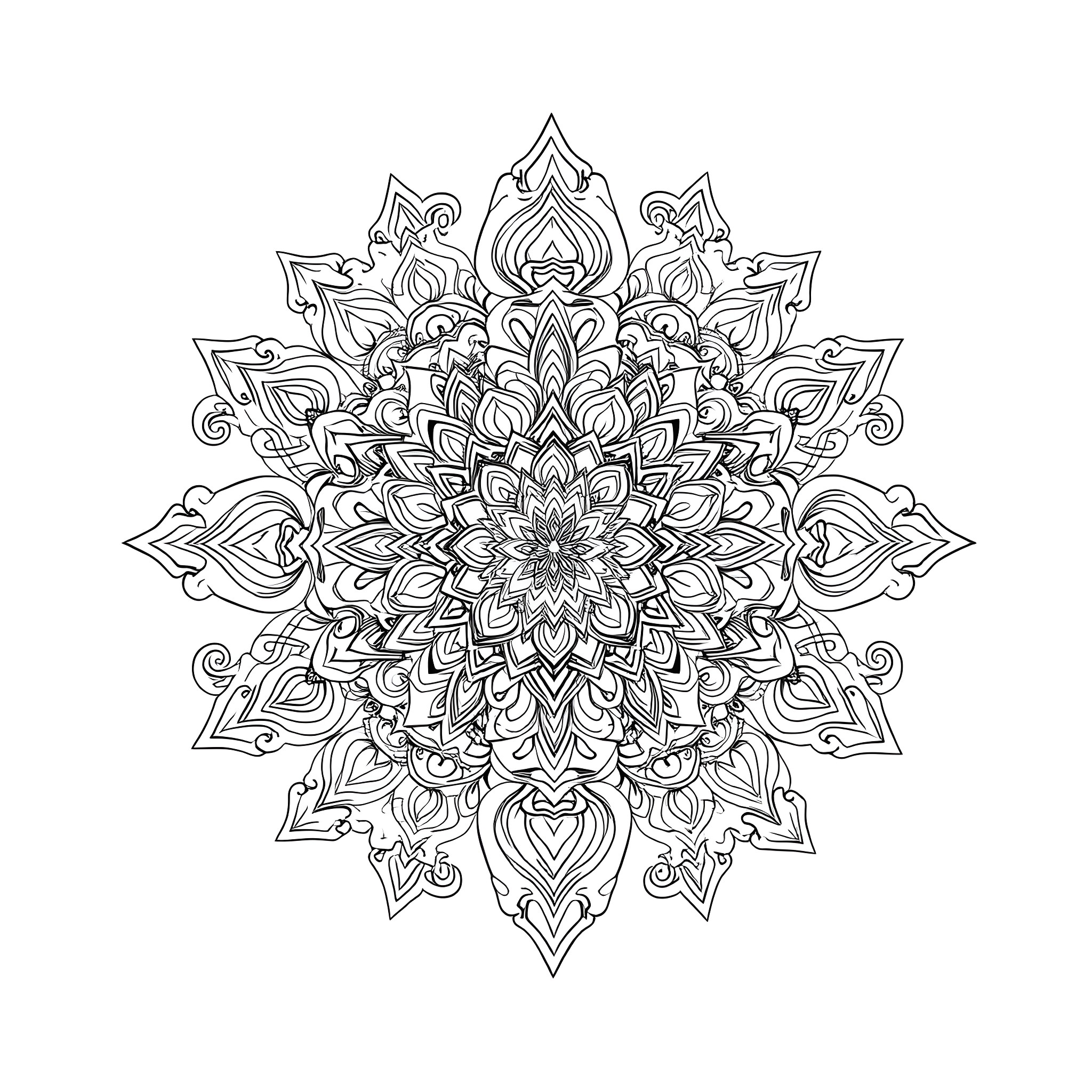 Mandala of intricate floral patterns and symmetry Coloring Page (free black-and-white line drawing printable PDF for all, from beginners to advanced learners, including children, teens, adults, and seniors)