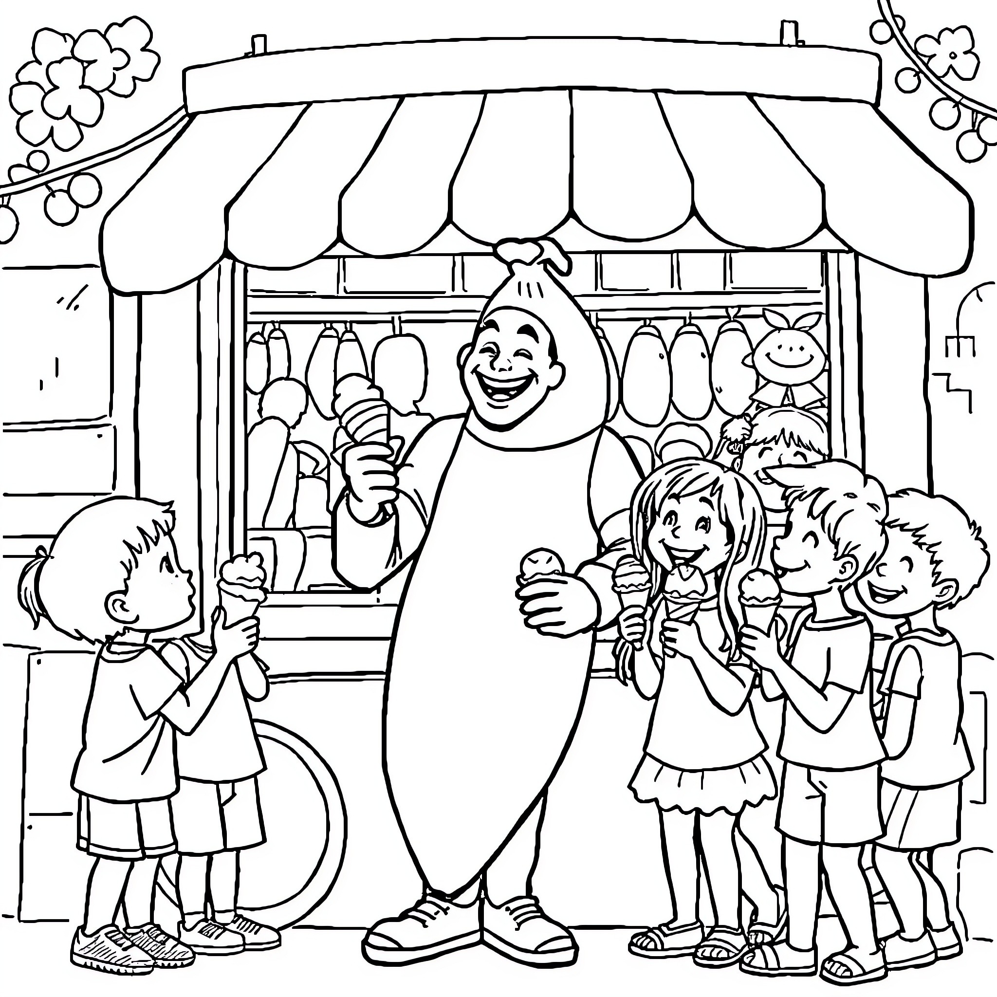 Man serving treats at the carnival stall Coloring Page (free black-and-white line drawing printable PDF for all, from beginners to advanced learners, including children, teens, adults, and seniors)