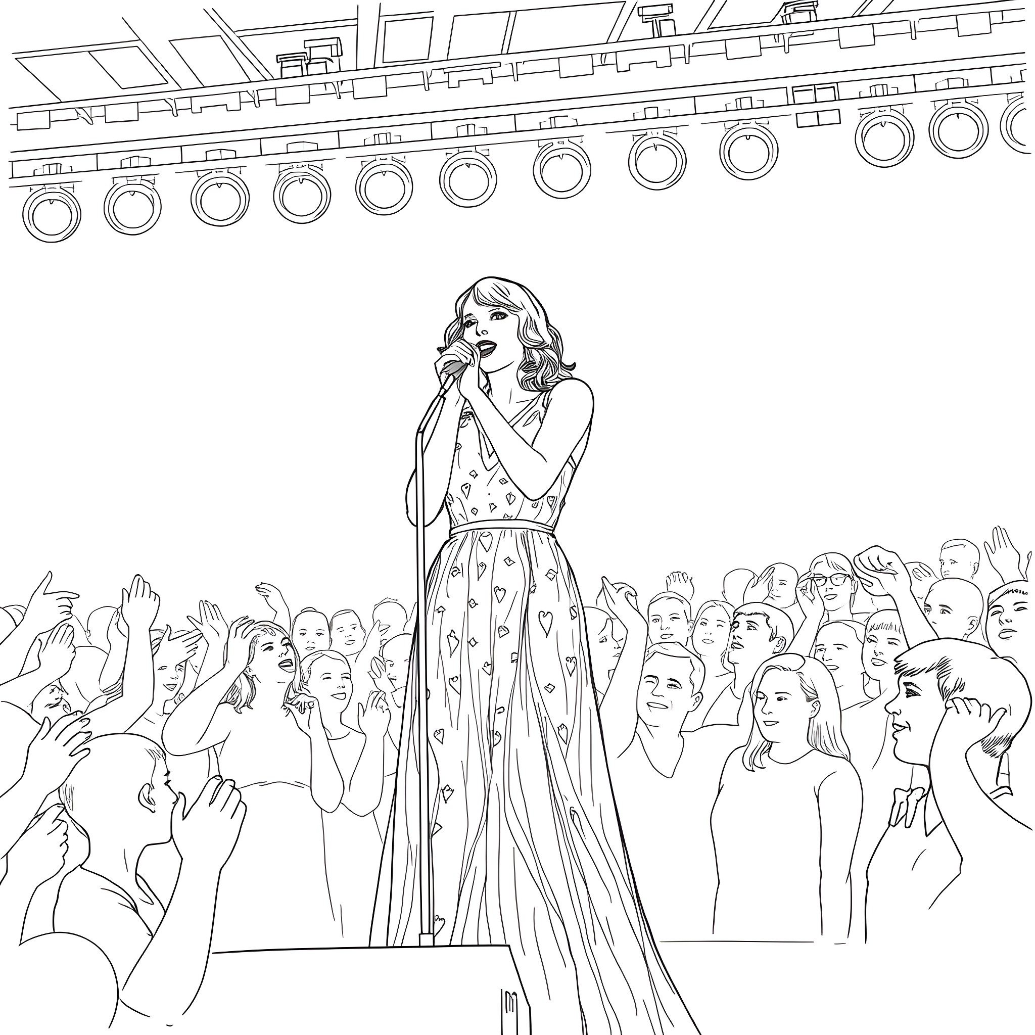 Taylor Swift performing on stage with crowd Coloring Page (free black-and-white line drawing printable PDF for all, from beginners to advanced learners, including children, teens, adults, and seniors)