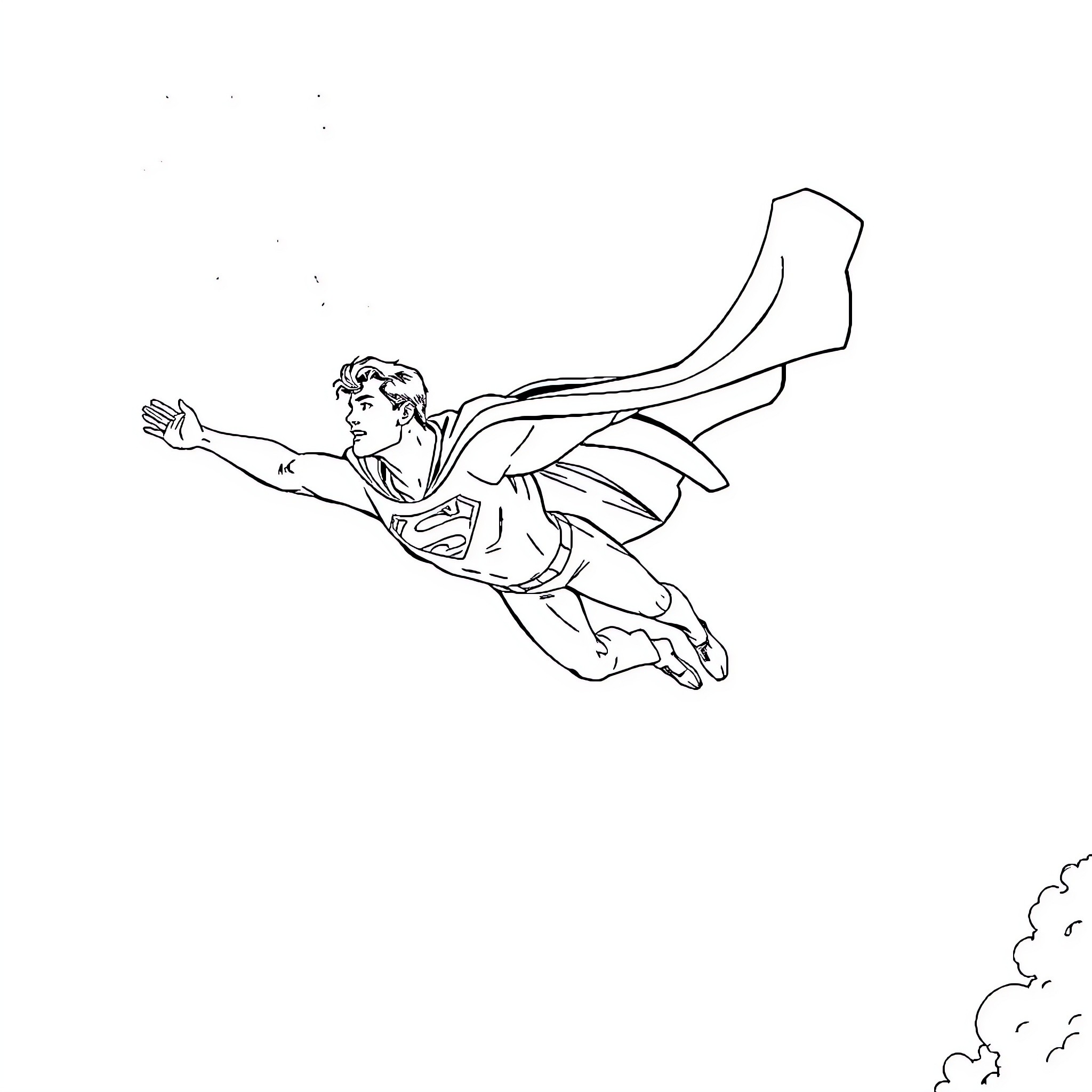 Superman soaring through the sky with heroic pose Coloring Page (free black-and-white line drawing printable PDF for all, from beginners to advanced learners, including children, teens, adults, and seniors)