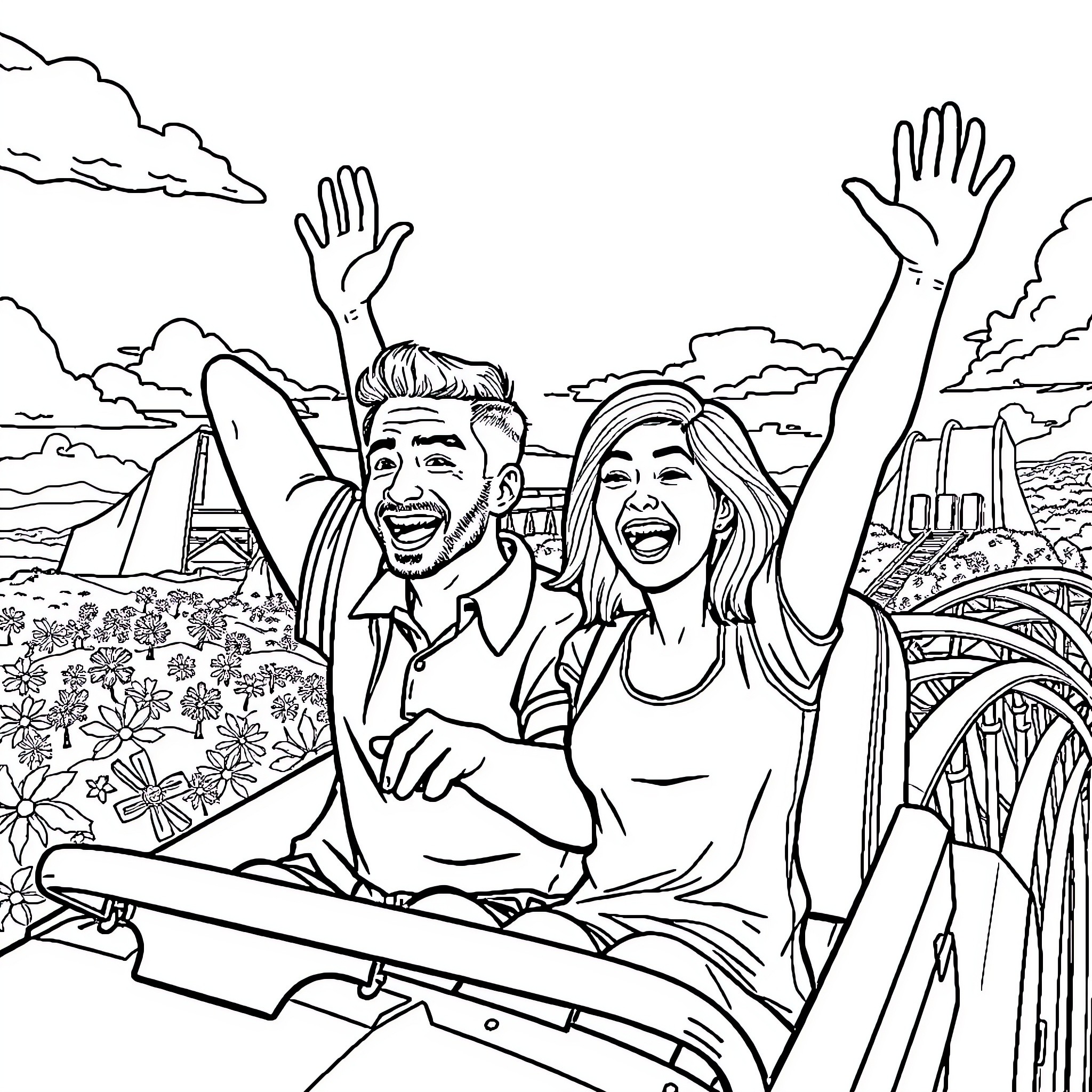 Man and Woman Enjoying a Thrilling Ride Coloring Page (free black-and-white line drawing printable PDF for all, from beginners to advanced learners, including children, teens, adults, and seniors)