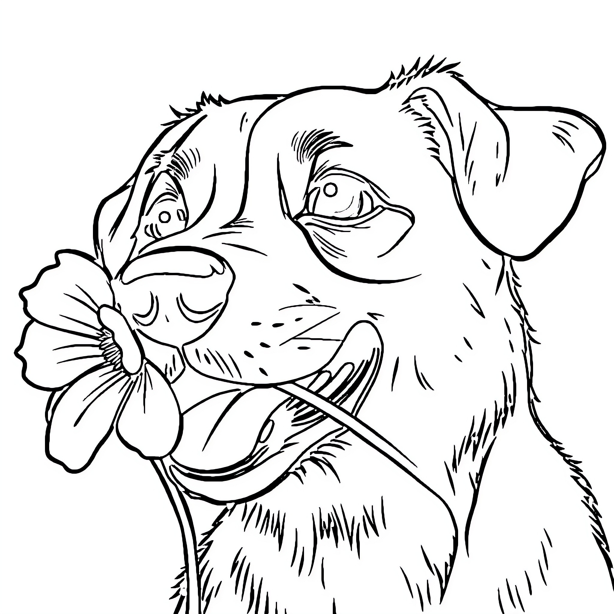 Dog holding a flower Coloring Page (free black-and-white line drawing printable PDF for all, from beginners to advanced learners, including children, teens, adults, and seniors)