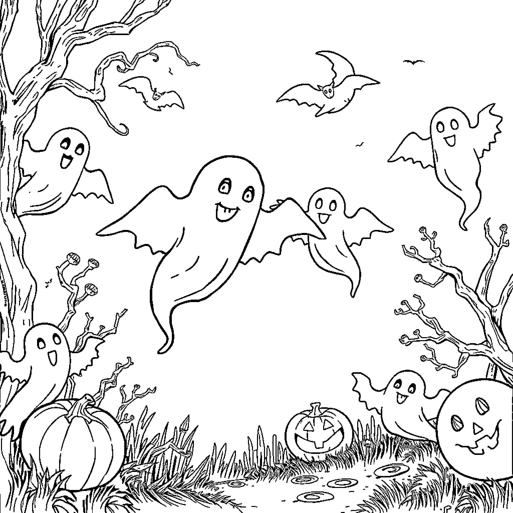 Ghost Friends Celebrating Halloween in the Forest Coloring Page (free black-and-white line drawing printable PDF for all, from beginners to advanced learners, including children, teens, adults, and seniors)