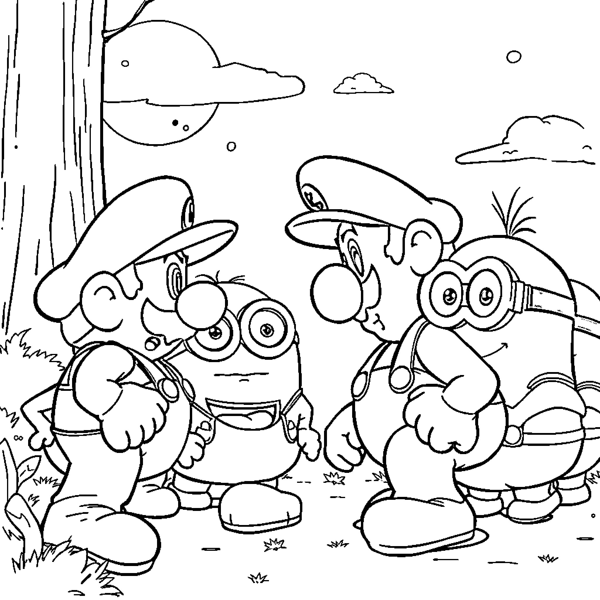 Mario and Friends Explore the Outdoors Coloring Page (free black-and-white line drawing printable PDF for all, from beginners to advanced learners, including children, teens, adults, and seniors)