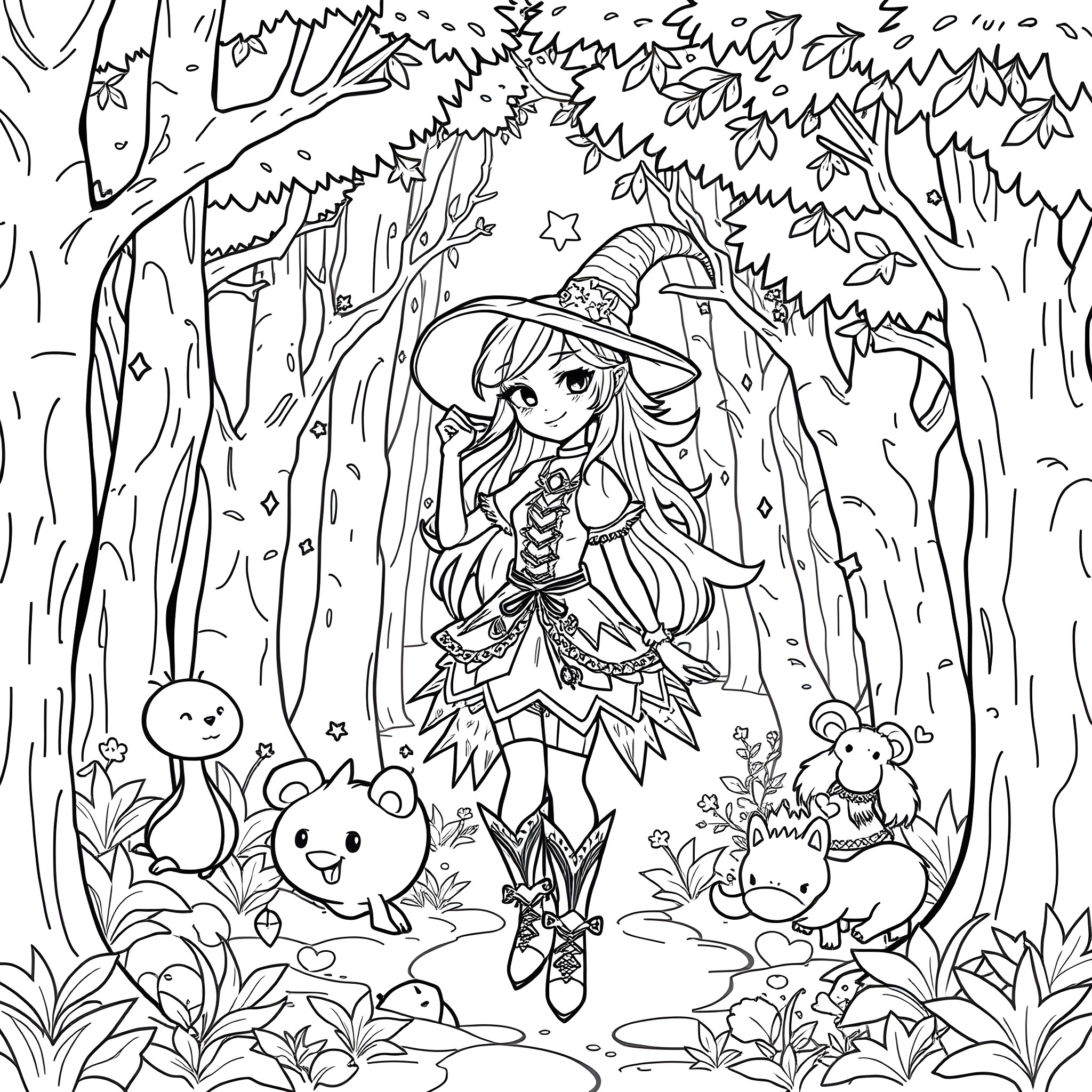 Hekserij - Witch in the enchanted forest Coloring Page (free black-and-white line drawing printable PDF for all, from beginners to advanced learners, including children, teens, adults, and seniors)
