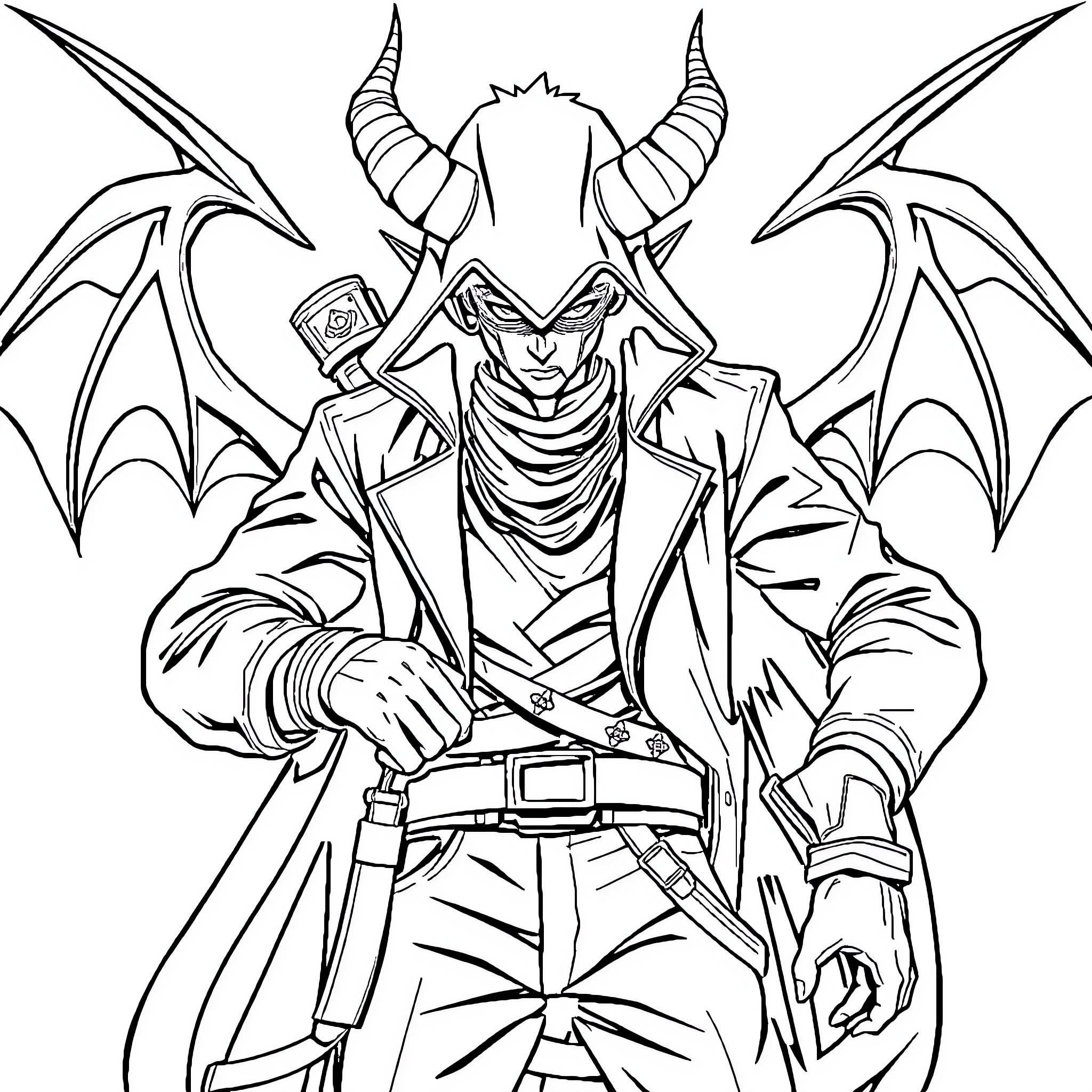 Demon Hunter wielding sword and shield in battle stance Coloring Page (free black-and-white line drawing printable PDF for all, from beginners to advanced learners, including children, teens, adults, and seniors)