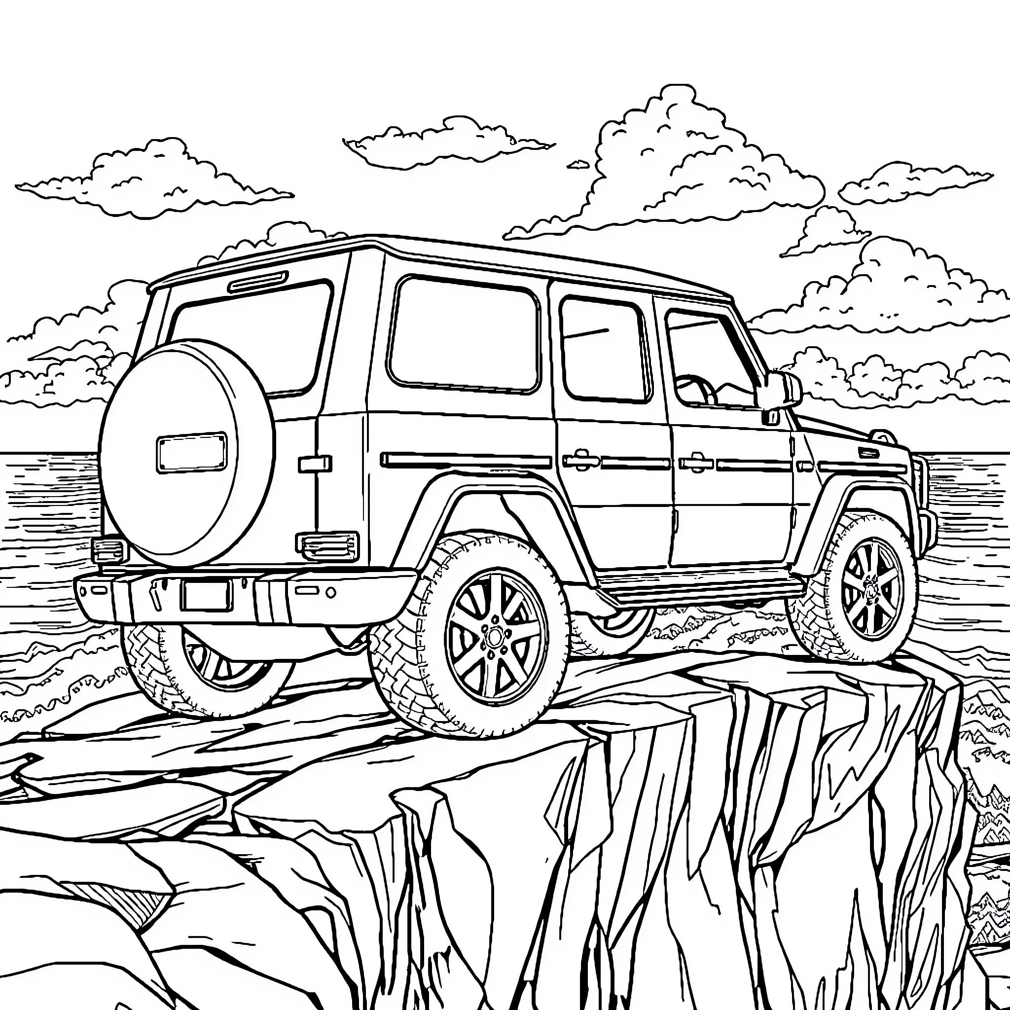 SUV on rugged terrain with cloudy sky Coloring Page (free black-and-white line drawing printable PDF for all, from beginners to advanced learners, including children, teens, adults, and seniors)