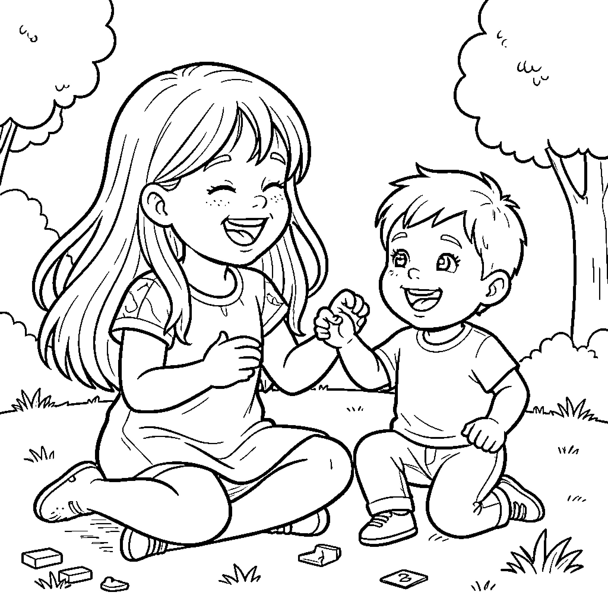 Child laughing and playing with a sibling outdoors Coloring Page (free black-and-white line drawing printable PDF for all, from beginners to advanced learners, including children, teens, adults, and seniors)
