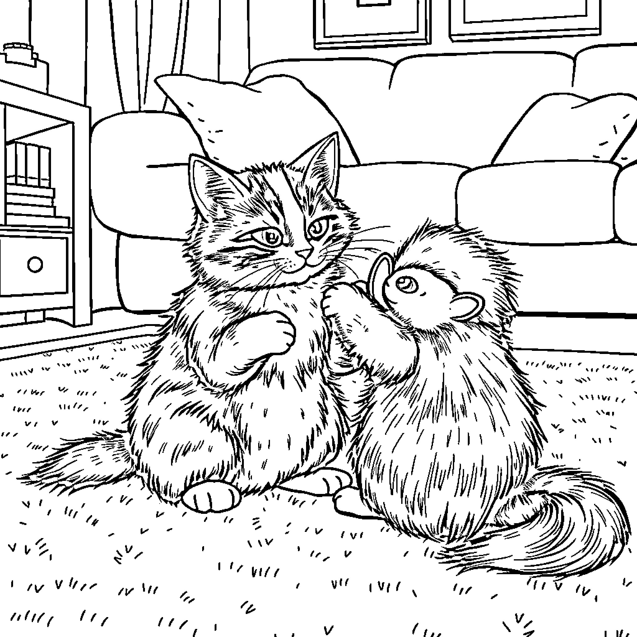 Cat companions relaxing indoors Coloring Page (free black-and-white line drawing printable PDF for all, from beginners to advanced learners, including children, teens, adults, and seniors)