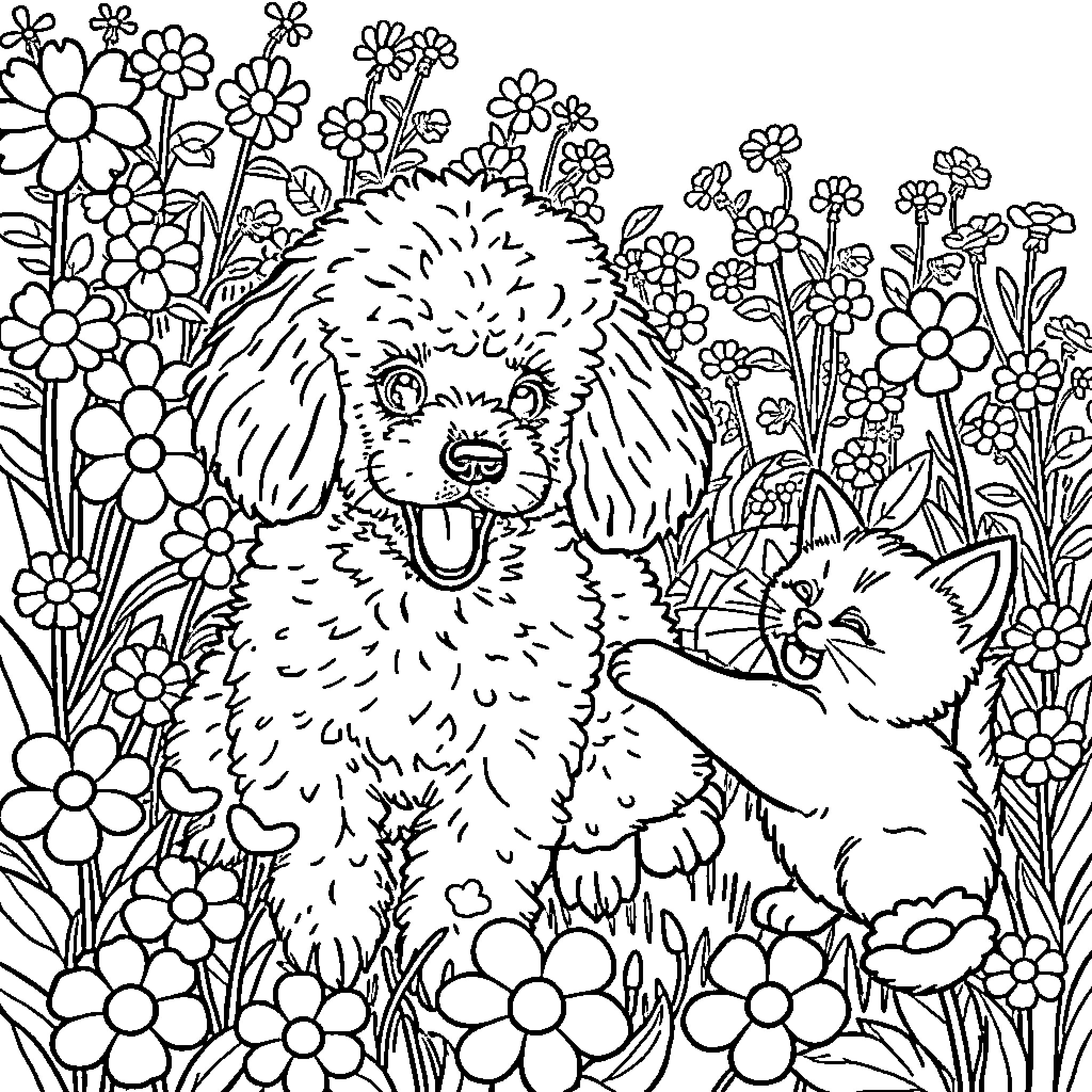 Poodle frolicking in a floral field Coloring Page (free black-and-white line drawing printable PDF for all, from beginners to advanced learners, including children, teens, adults, and seniors)