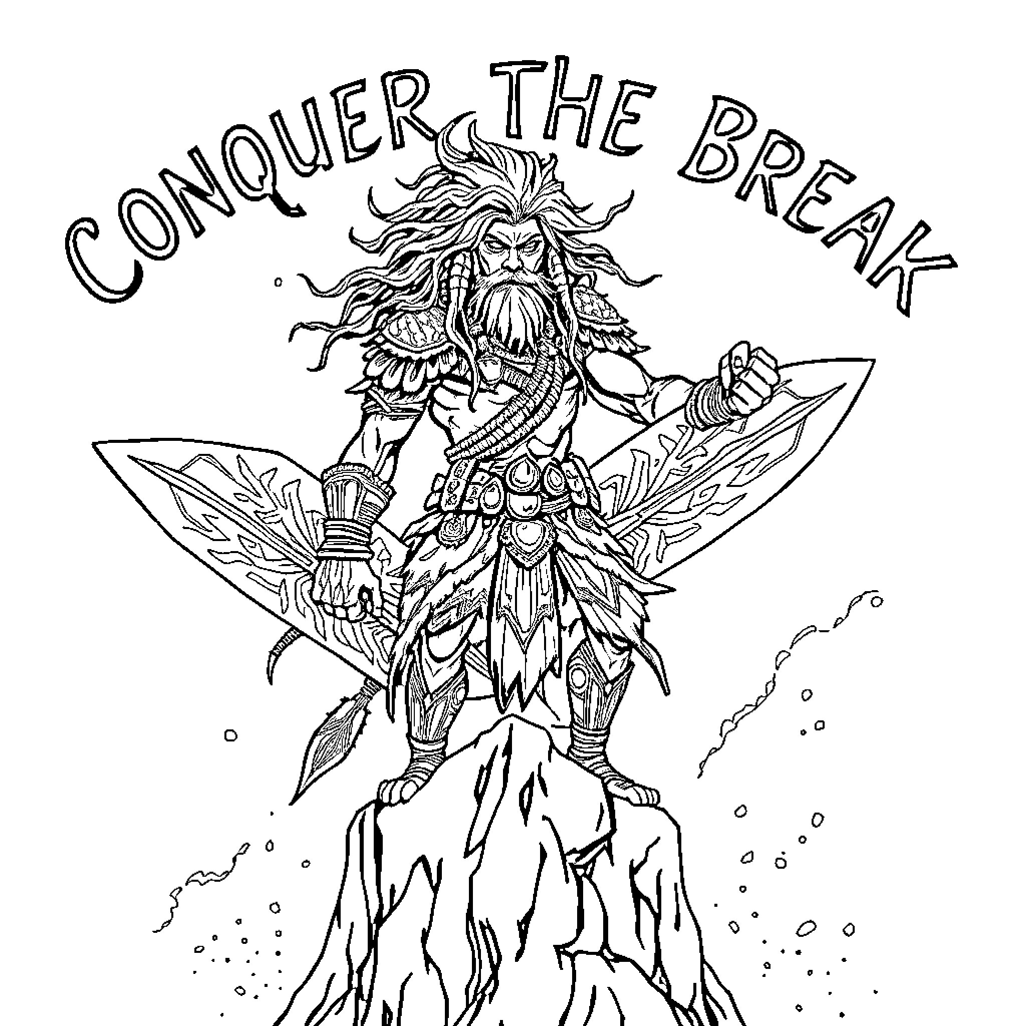 Surf Warrior Conquering the Break Coloring Page (free black-and-white line drawing printable PDF for all, from beginners to advanced learners, including children, teens, adults, and seniors)
