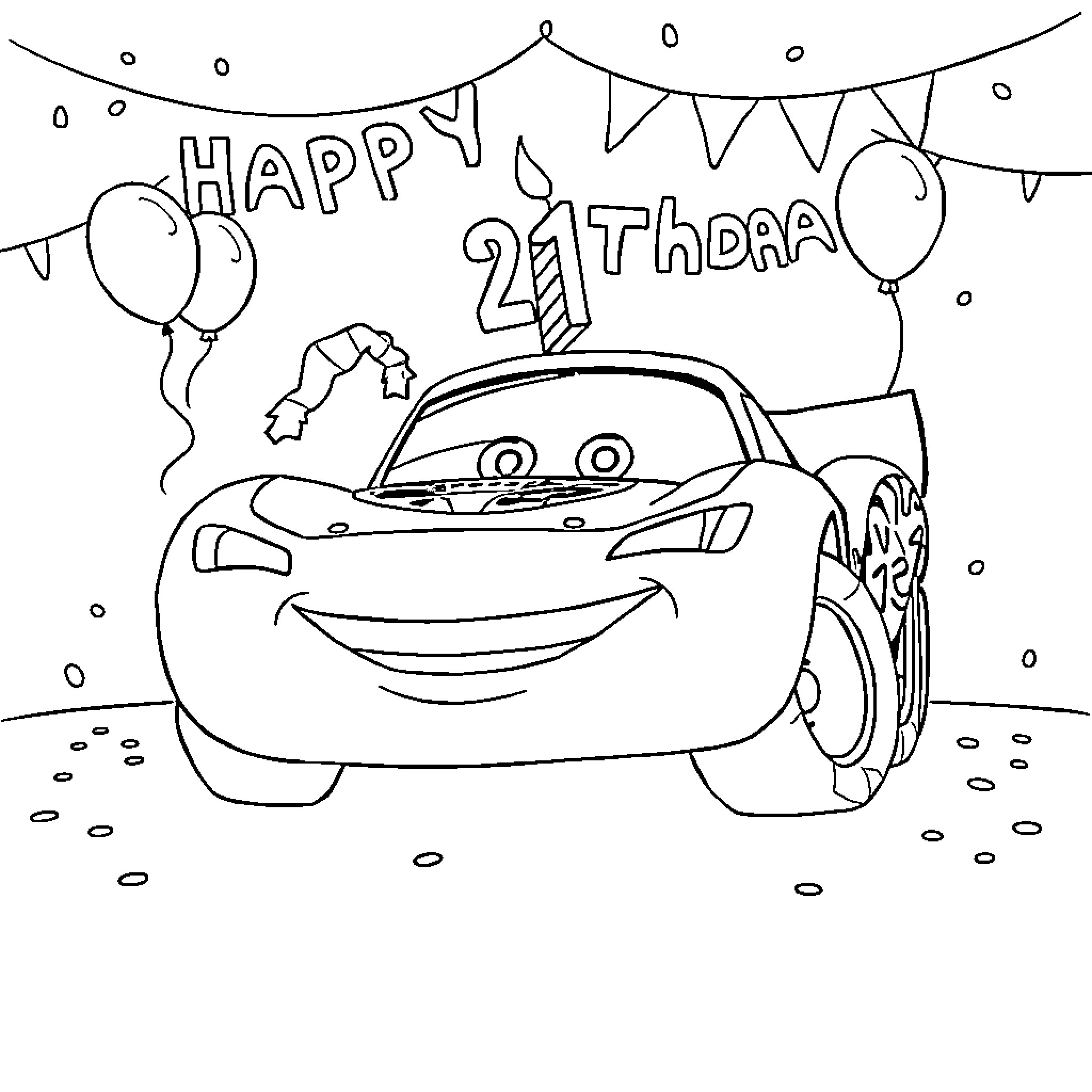 Rayo McQueen celebrates 21st birthday with balloons and party decor Coloring Page (free black-and-white line drawing printable PDF for all, from beginners to advanced learners, including children, teens, adults, and seniors)