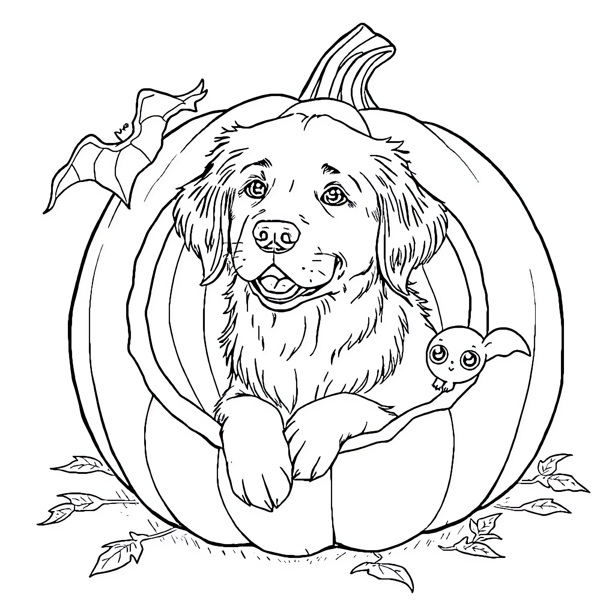 Cachorro rindo em um cenário de abóbora Coloring Page (free black-and-white line drawing printable PDF for all, from beginners to advanced learners, including children, teens, adults, and seniors)