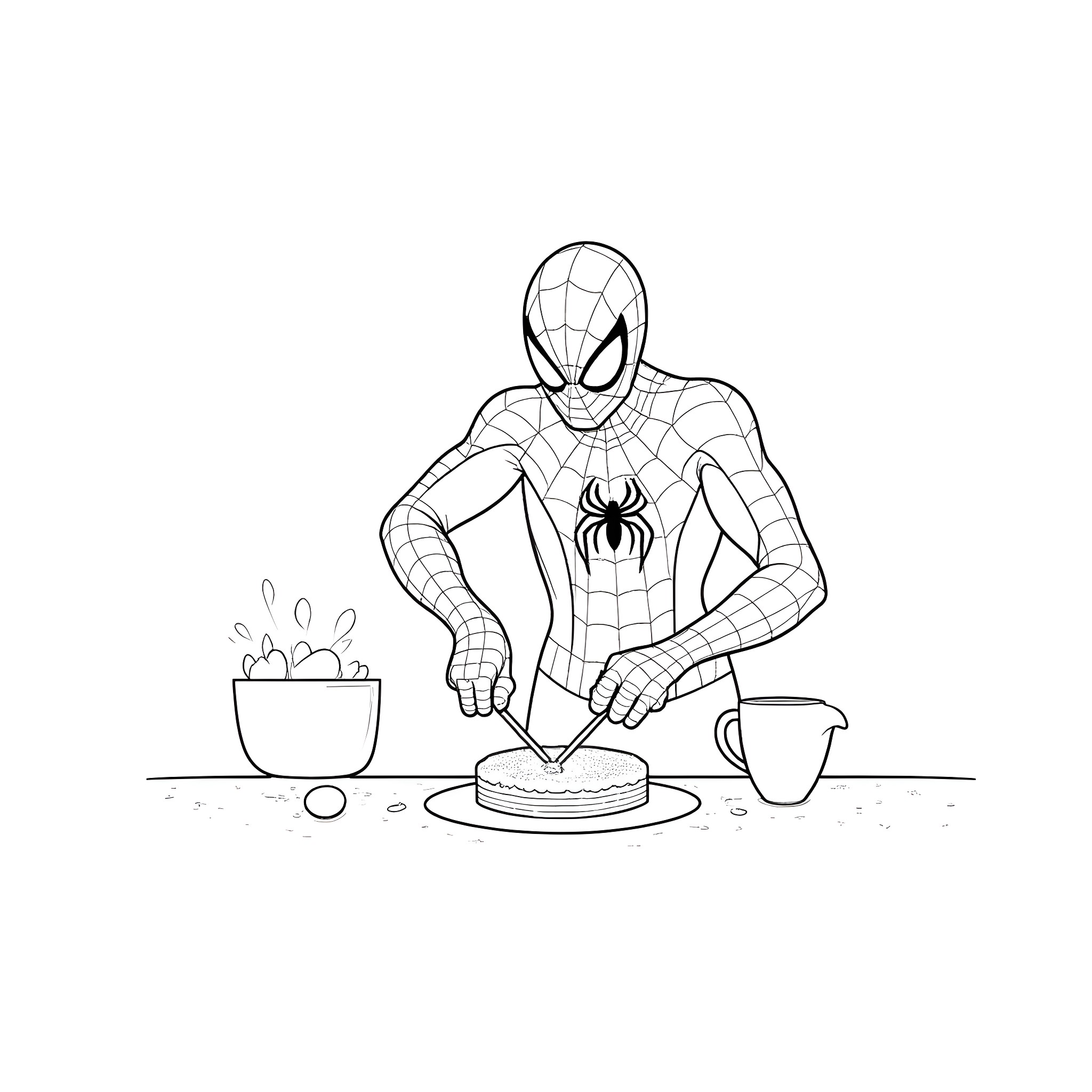 Spiderman baking in the kitchen Coloring Page (free black-and-white line drawing printable PDF for all, from beginners to advanced learners, including children, teens, adults, and seniors)