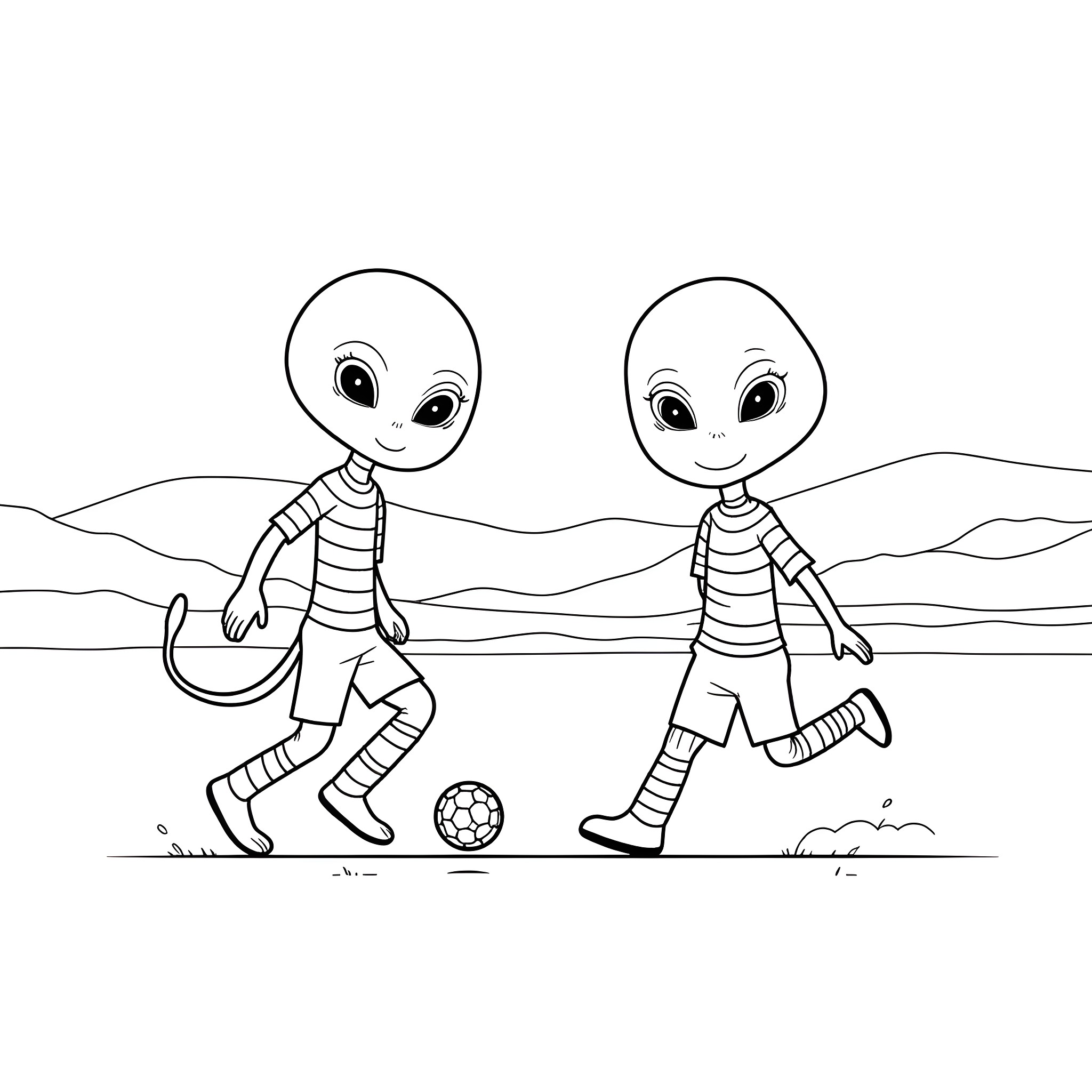Alien creatures playing soccer in a peaceful landscape Coloring Page (free black-and-white line drawing printable PDF for all, from beginners to advanced learners, including children, teens, adults, and seniors)