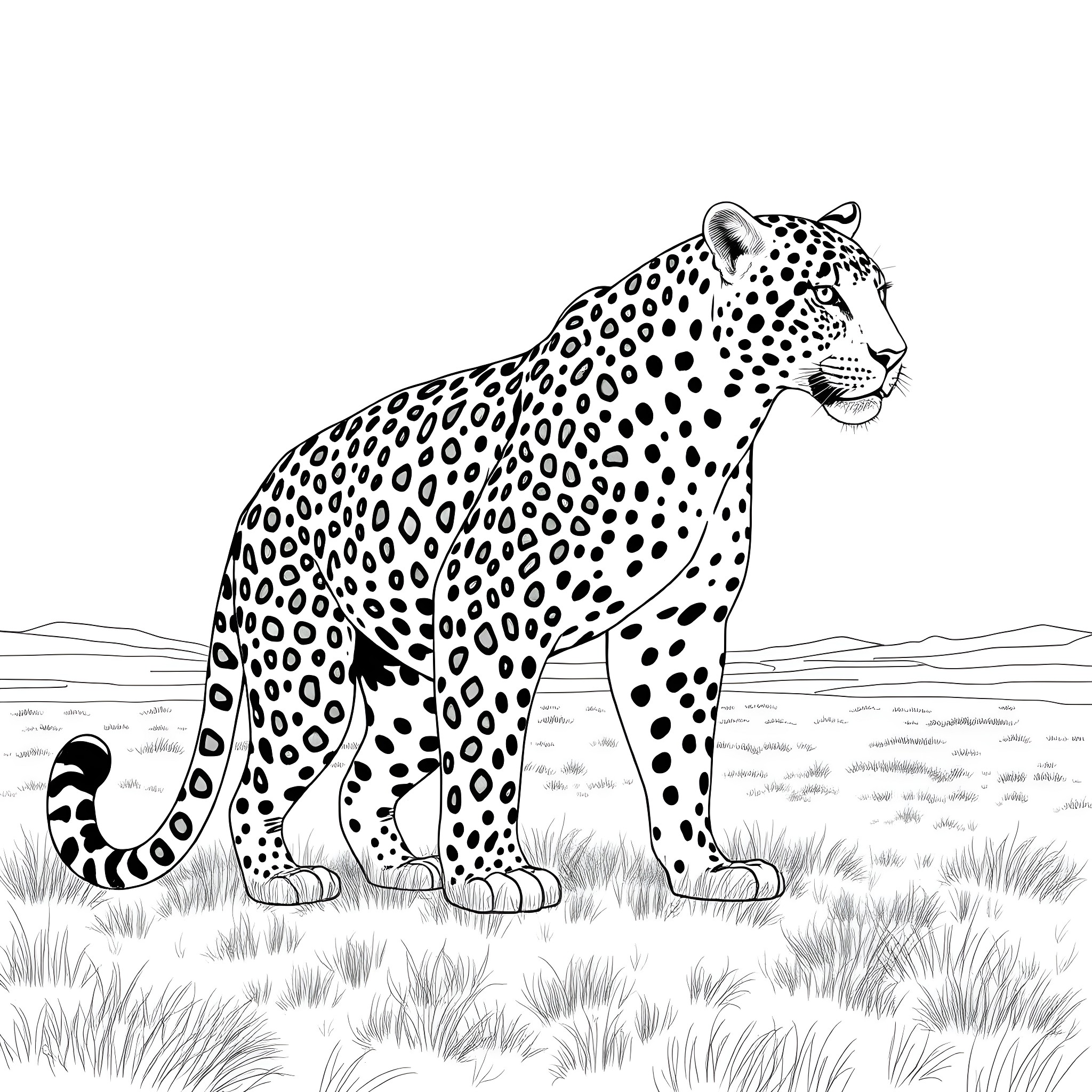 Leopard Prowling in the Savanna Coloring Page (free black-and-white line drawing printable PDF for all, from beginners to advanced learners, including children, teens, adults, and seniors)