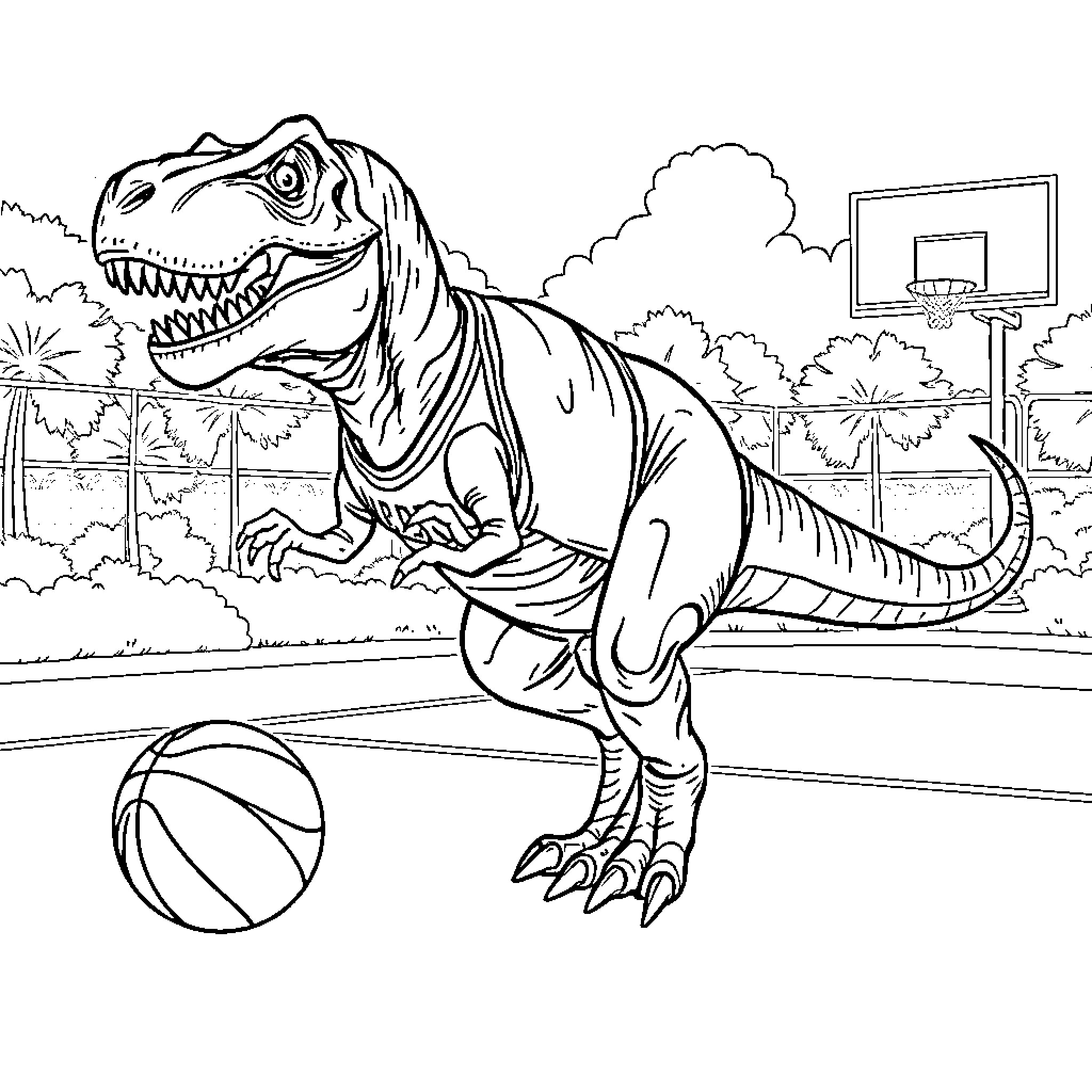 Tyrannosaurus playing basketball in the park Coloring Page (free black-and-white line drawing printable PDF for all, from beginners to advanced learners, including children, teens, adults, and seniors)