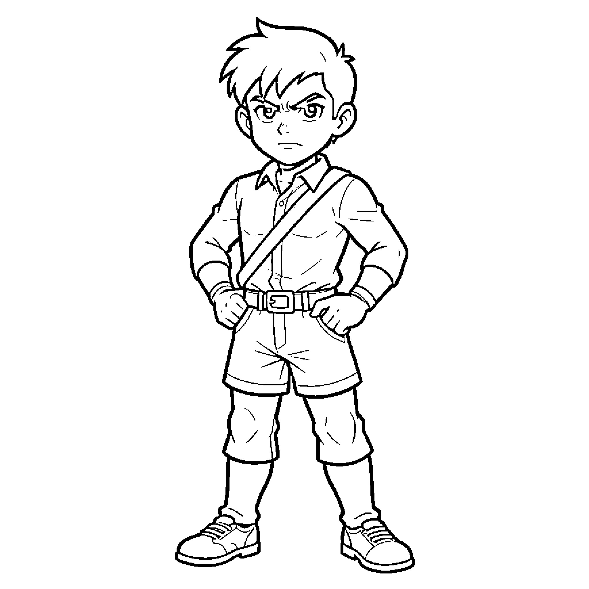 Dih angry boy standing with hands on hips Coloring Page (free black-and-white line drawing printable PDF for all, from beginners to advanced learners, including children, teens, adults, and seniors)