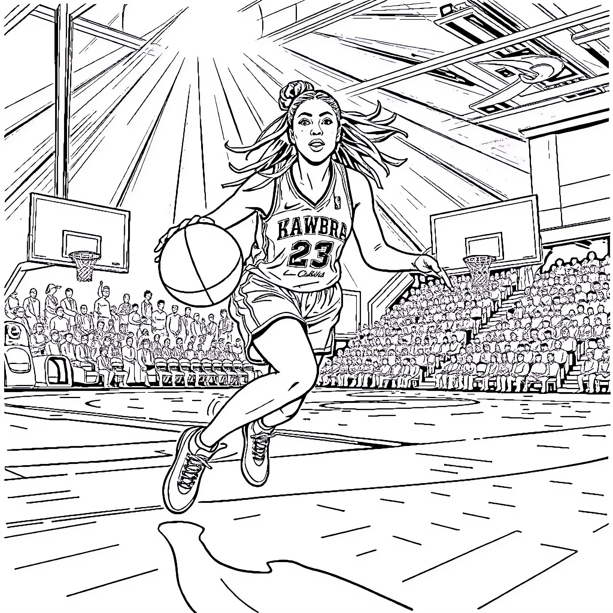 Leah Williamson playing basketball on the court Coloring Page (free black-and-white line drawing printable PDF for all, from beginners to advanced learners, including children, teens, adults, and seniors)