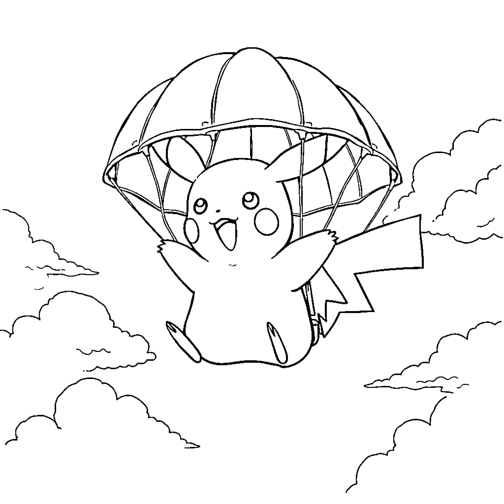 Pikachu falling down with a parachute Coloring Page (free black-and-white line drawing printable PDF for all, from beginners to advanced learners, including children, teens, adults, and seniors)