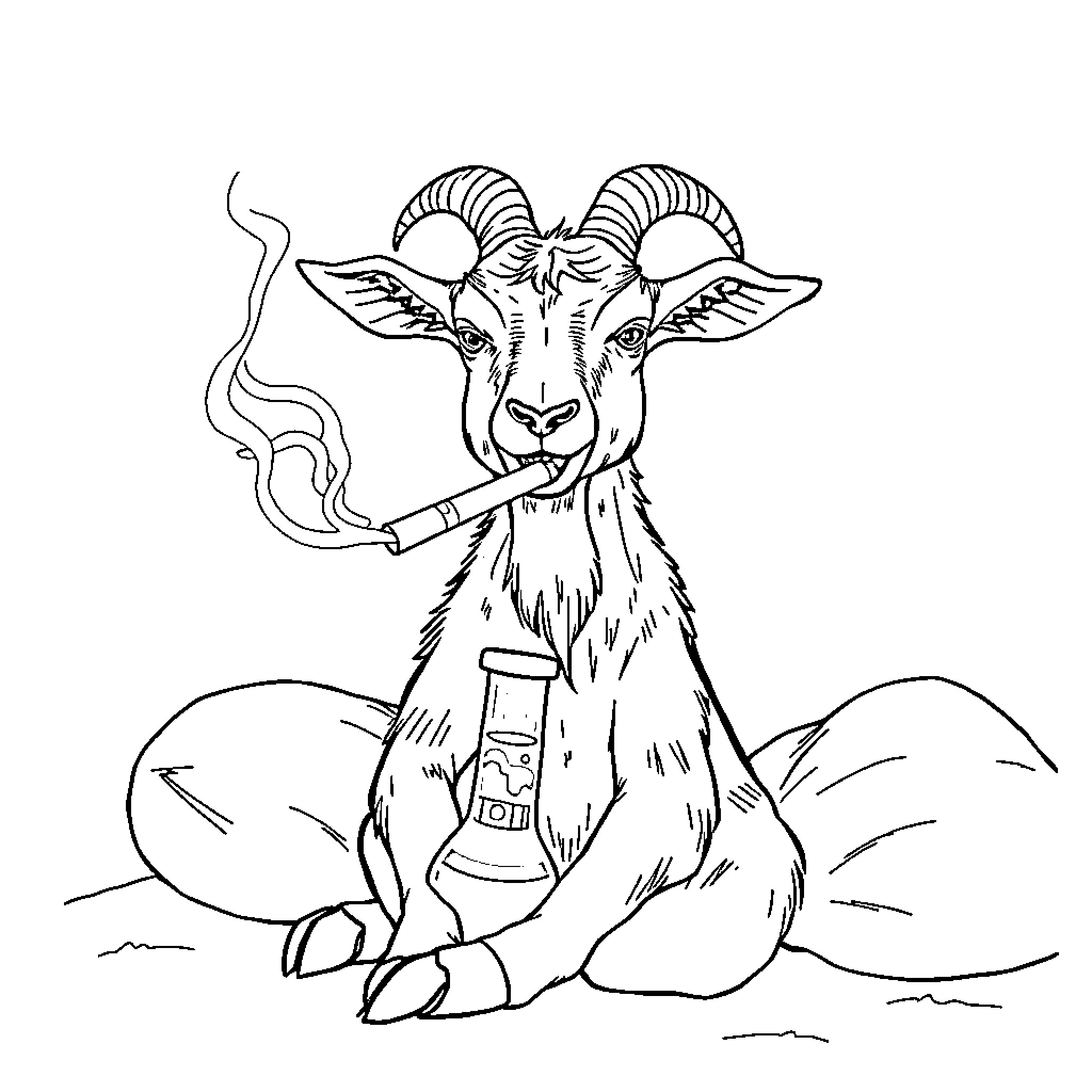 Goat smoking a cigarette in the wild Coloring Page (free black-and-white line drawing printable PDF for all, from beginners to advanced learners, including children, teens, adults, and seniors)