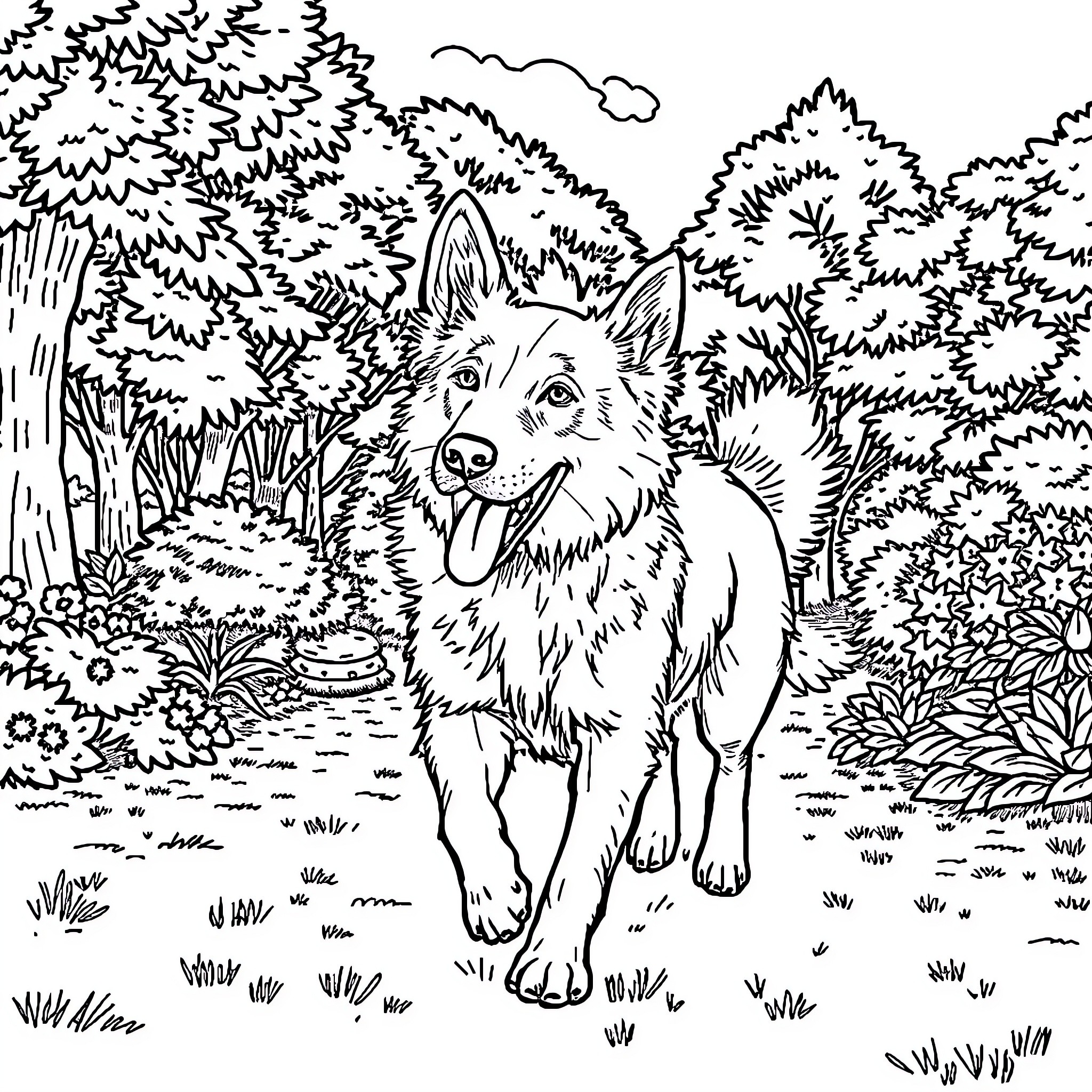 Dog exploring the forest Coloring Page (free black-and-white line drawing printable PDF for all, from beginners to advanced learners, including children, teens, adults, and seniors)