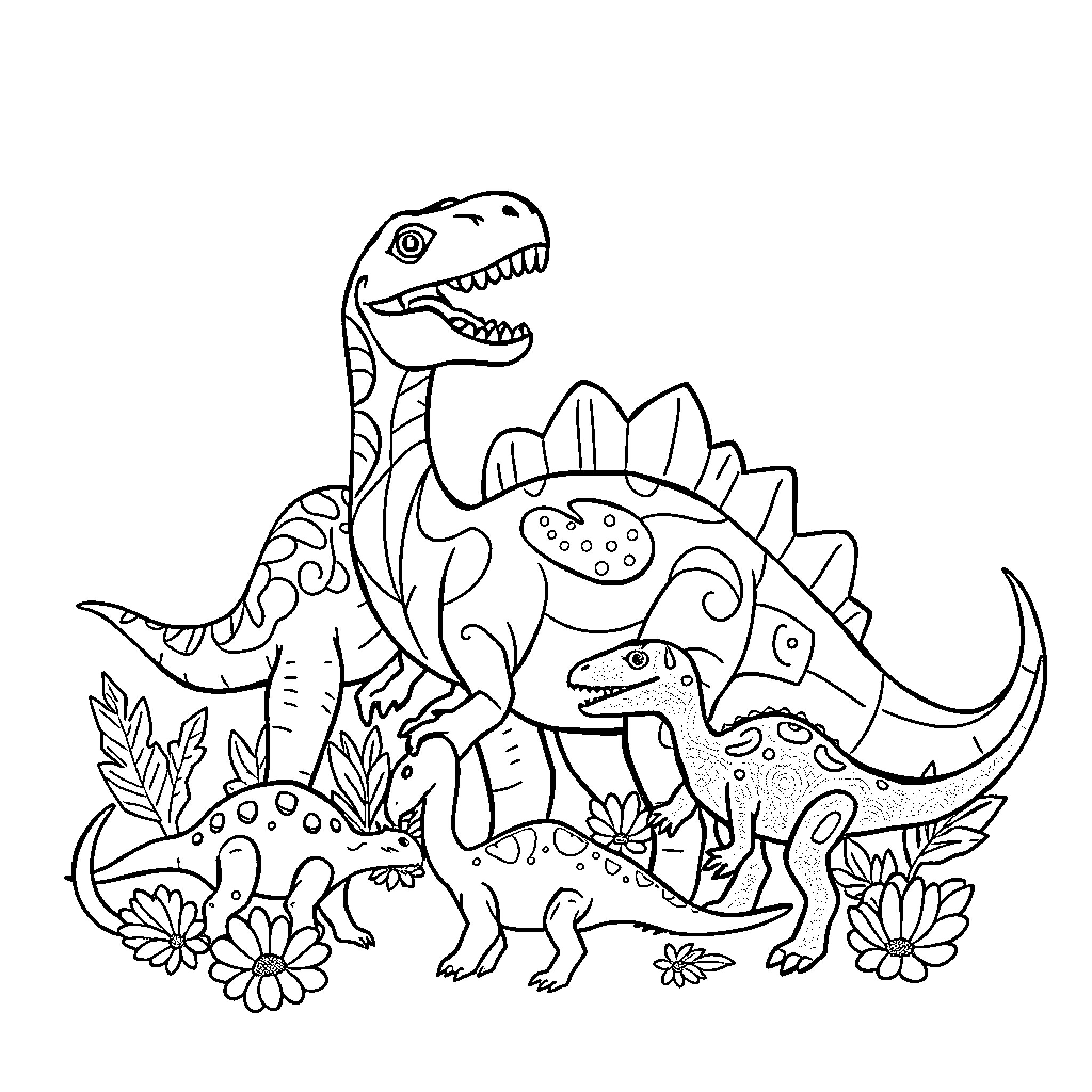 Dinosaur friends enjoying a floral scene Coloring Page (free black-and-white line drawing printable PDF for all, from beginners to advanced learners, including children, teens, adults, and seniors)