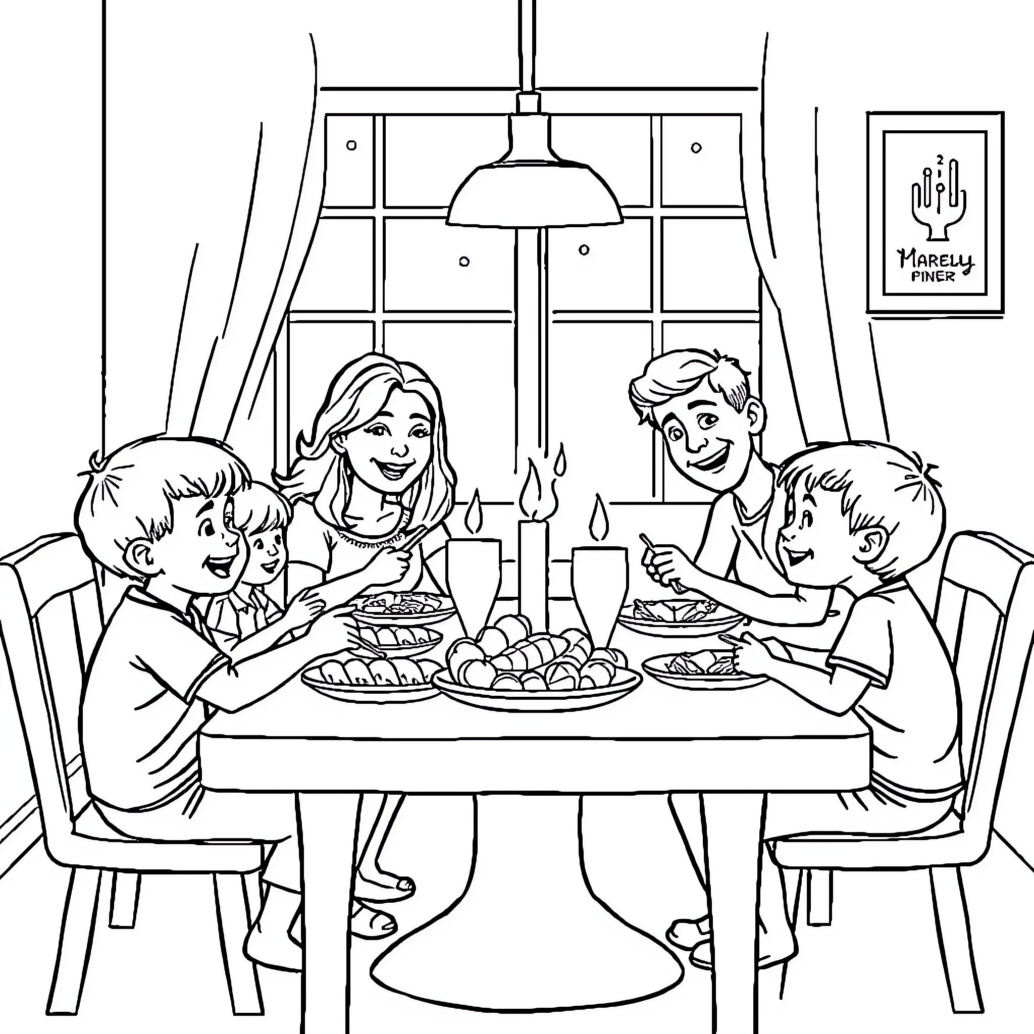 Family enjoying a cozy meal together Coloring Page (free black-and-white line drawing printable PDF for all, from beginners to advanced learners, including children, teens, adults, and seniors)