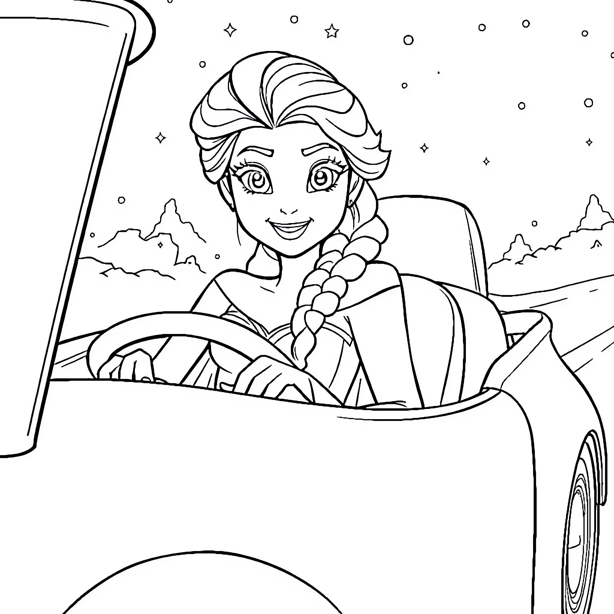Elsa driving a magical car through a winter wonderland Coloring Page (free black-and-white line drawing printable PDF for all, from beginners to advanced learners, including children, teens, adults, and seniors)
