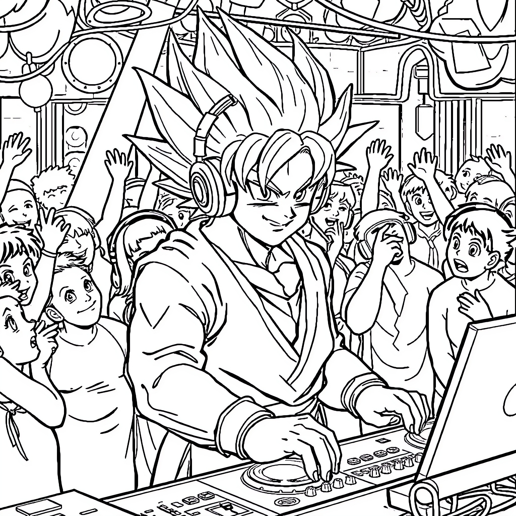 Goku Entertains Crowd with Music Performance Coloring Page (free black-and-white line drawing printable PDF for all, from beginners to advanced learners, including children, teens, adults, and seniors)