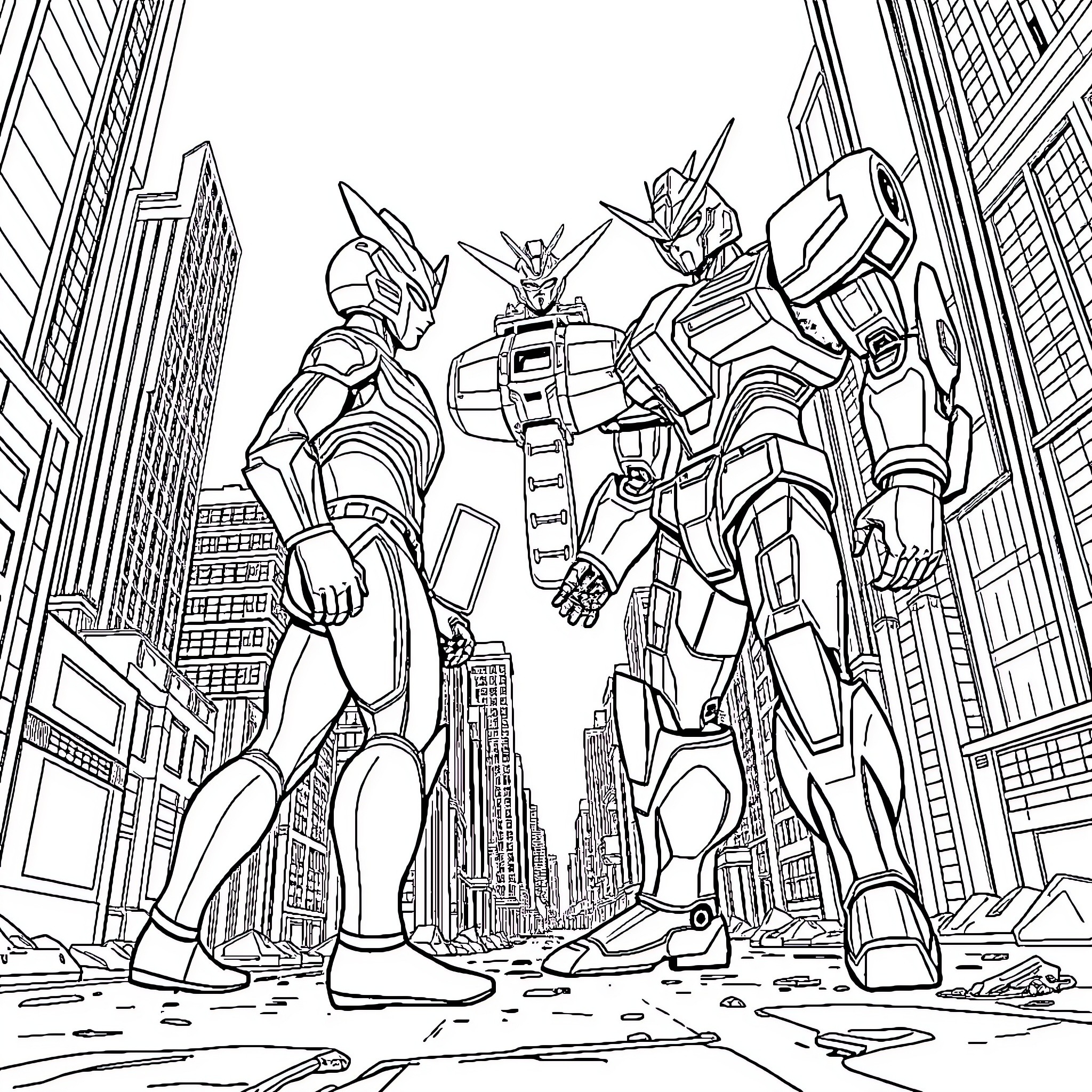 Ultraman heroes battling in the city Coloring Page (free black-and-white line drawing printable PDF for all, from beginners to advanced learners, including children, teens, adults, and seniors)