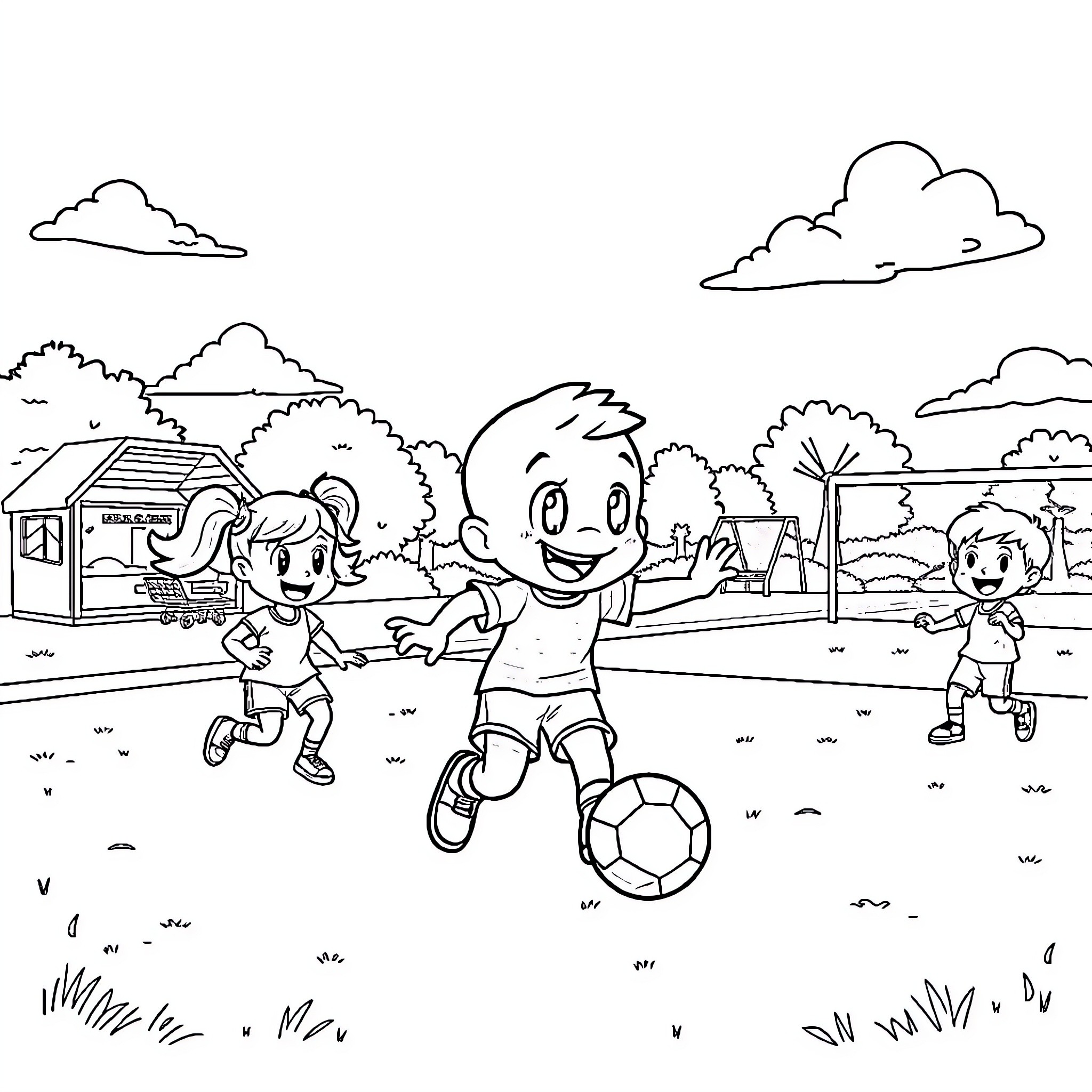 Bluey playing cheerfully with friends at the park Coloring Page (free black-and-white line drawing printable PDF for all, from beginners to advanced learners, including children, teens, adults, and seniors)