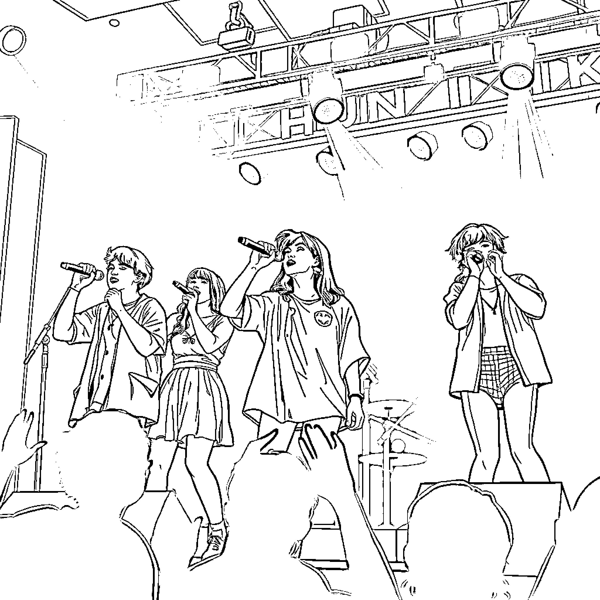 Huntrix: Energetic Musical Performance on Stage Coloring Page (free black-and-white line drawing printable PDF for all, from beginners to advanced learners, including children, teens, adults, and seniors)