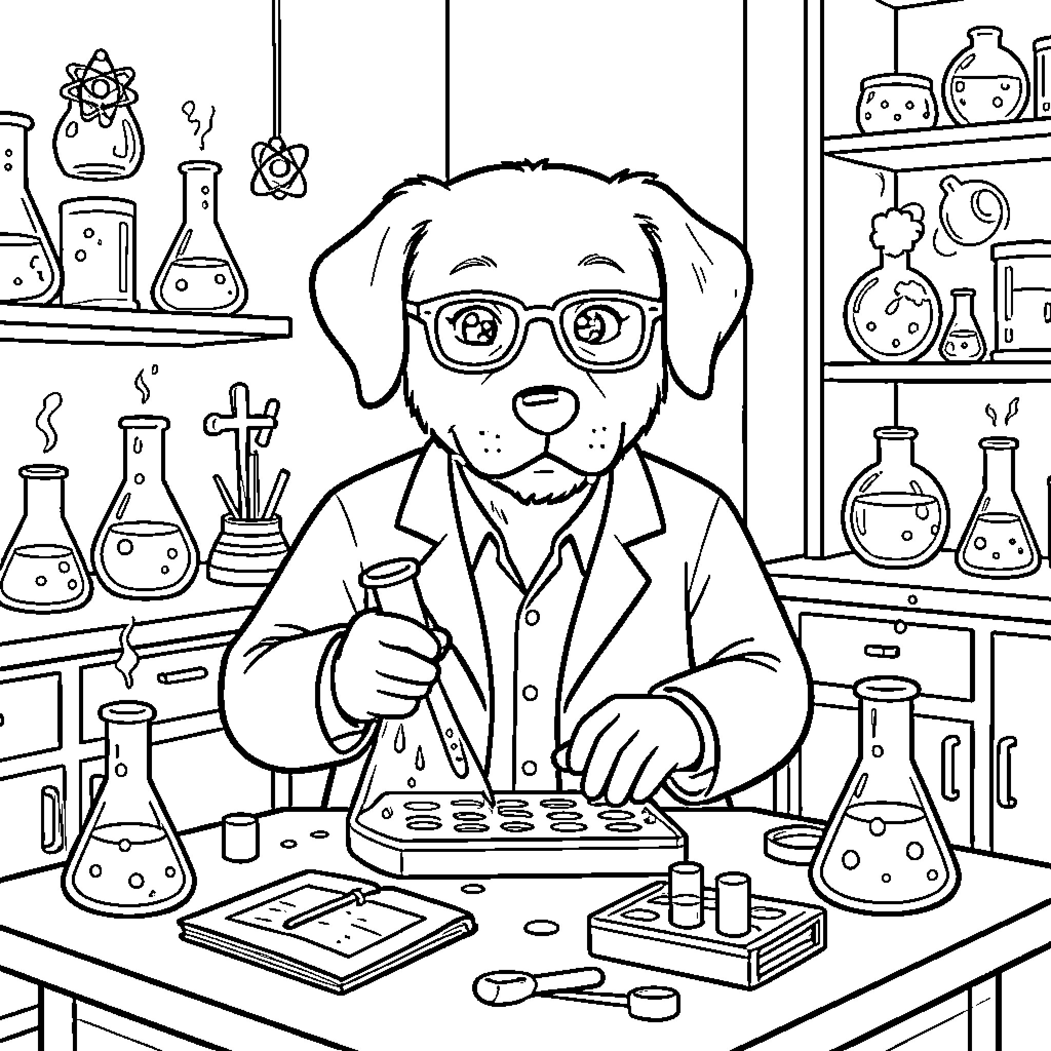 Dog Scientist Conducting Experiments in Laboratory Coloring Page (free black-and-white line drawing printable PDF for all, from beginners to advanced learners, including children, teens, adults, and seniors)