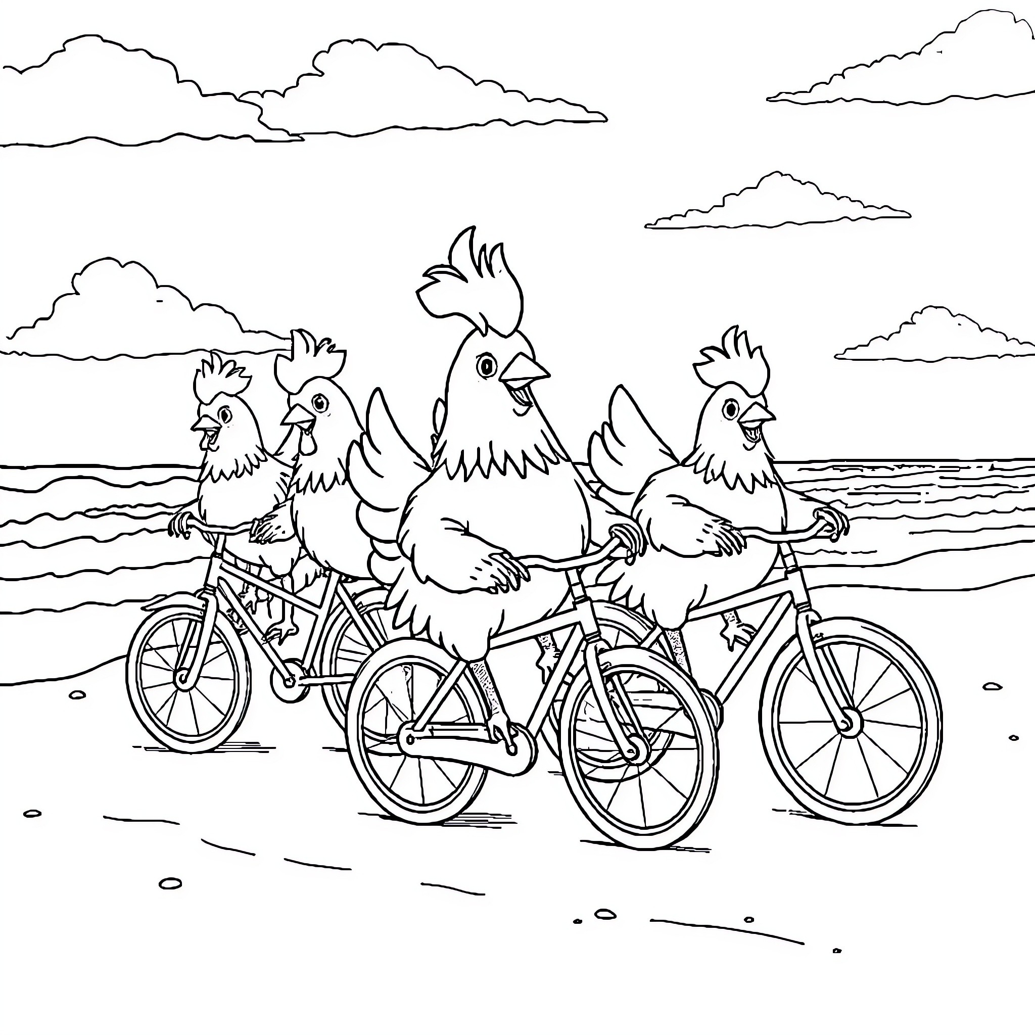 Chicken family riding bicycles on the beach Coloring Page (free black-and-white line drawing printable PDF for all, from beginners to advanced learners, including children, teens, adults, and seniors)