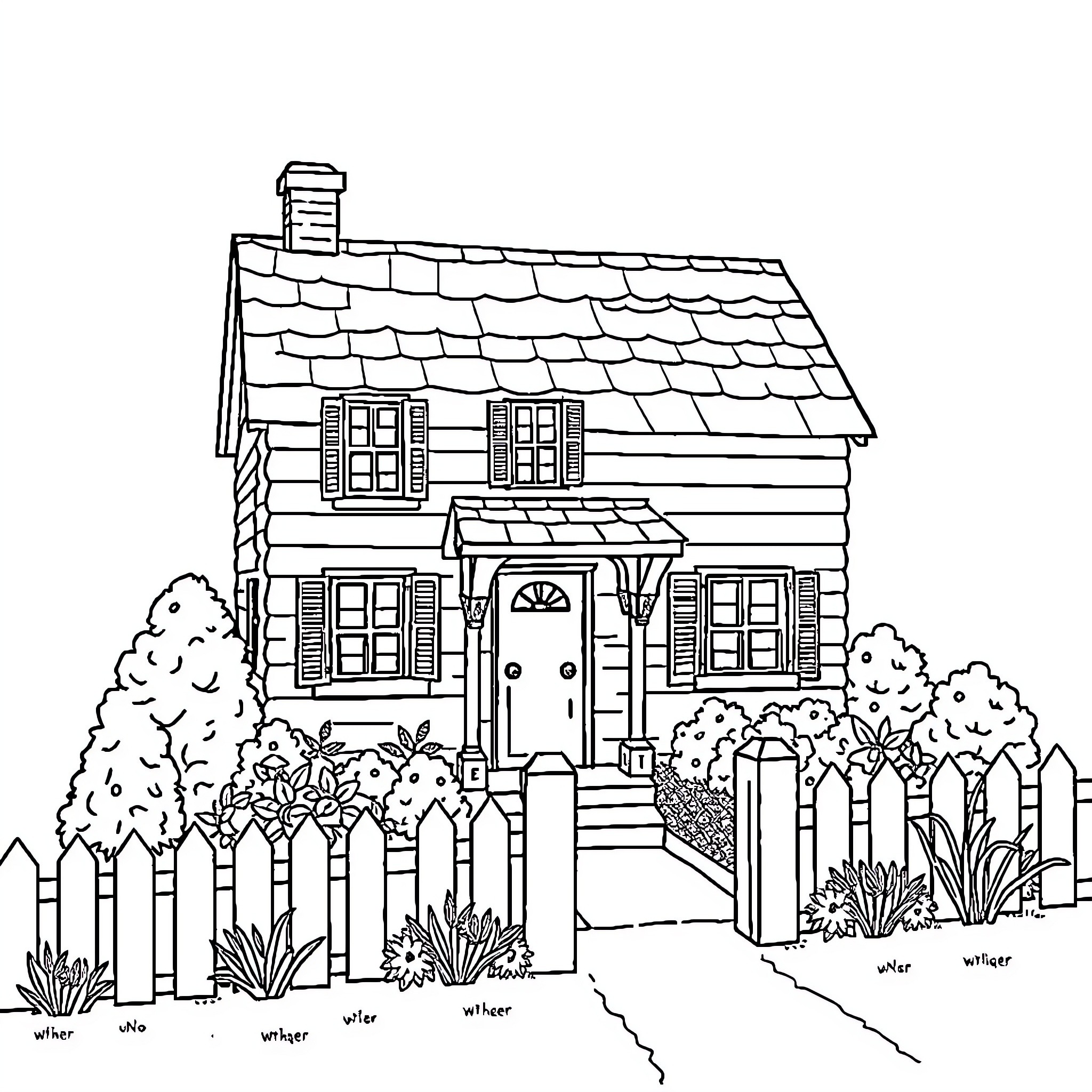 House with picket fence and garden Coloring Page (free black-and-white line drawing printable PDF for all, from beginners to advanced learners, including children, teens, adults, and seniors)