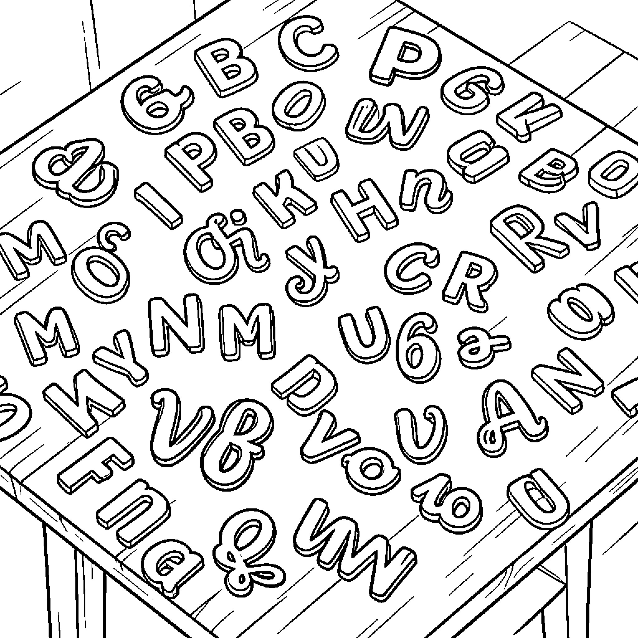 Letter characters arranged randomly on a wooden tabletop Coloring Page (free black-and-white line drawing printable PDF for all, from beginners to advanced learners, including children, teens, adults, and seniors)